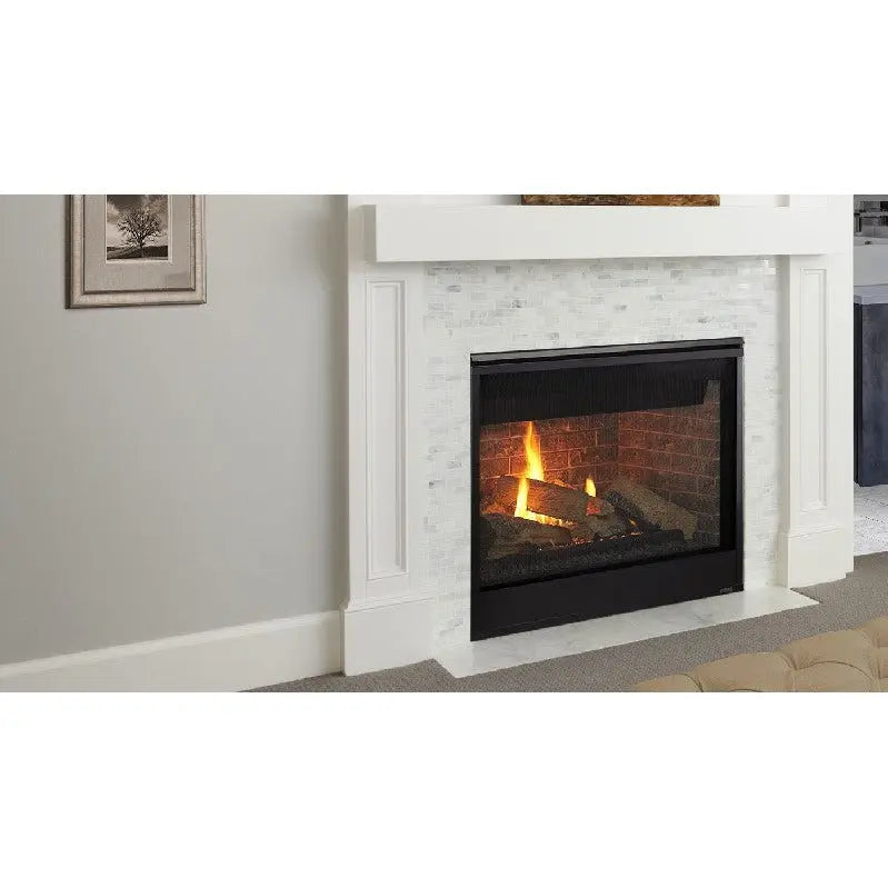 Majestic Meridian 42" direct vent gas fireplace with sleek glass front and metal trim