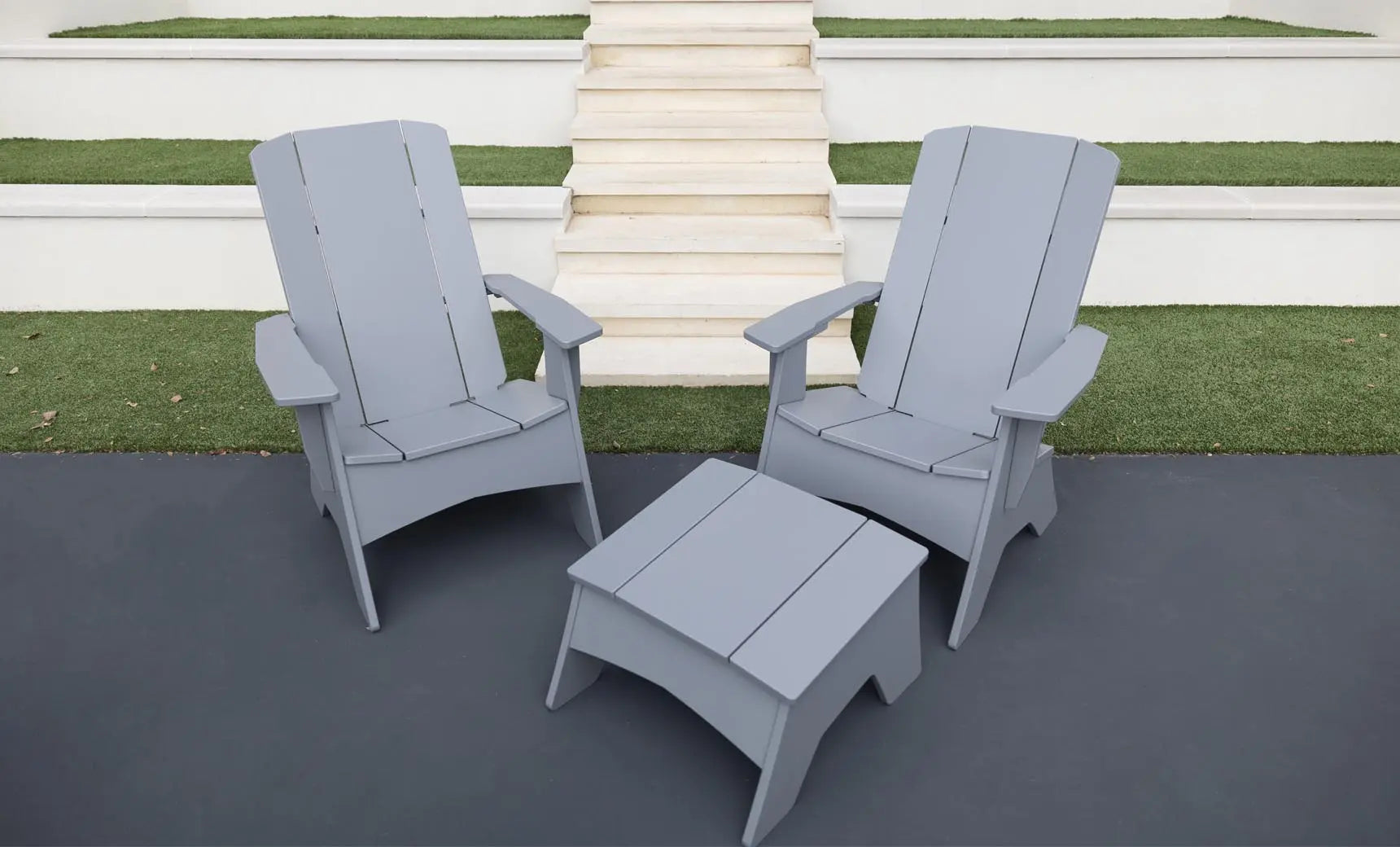 Mainstay Adirondack-style wooden ottoman with woven brown seat and armrests