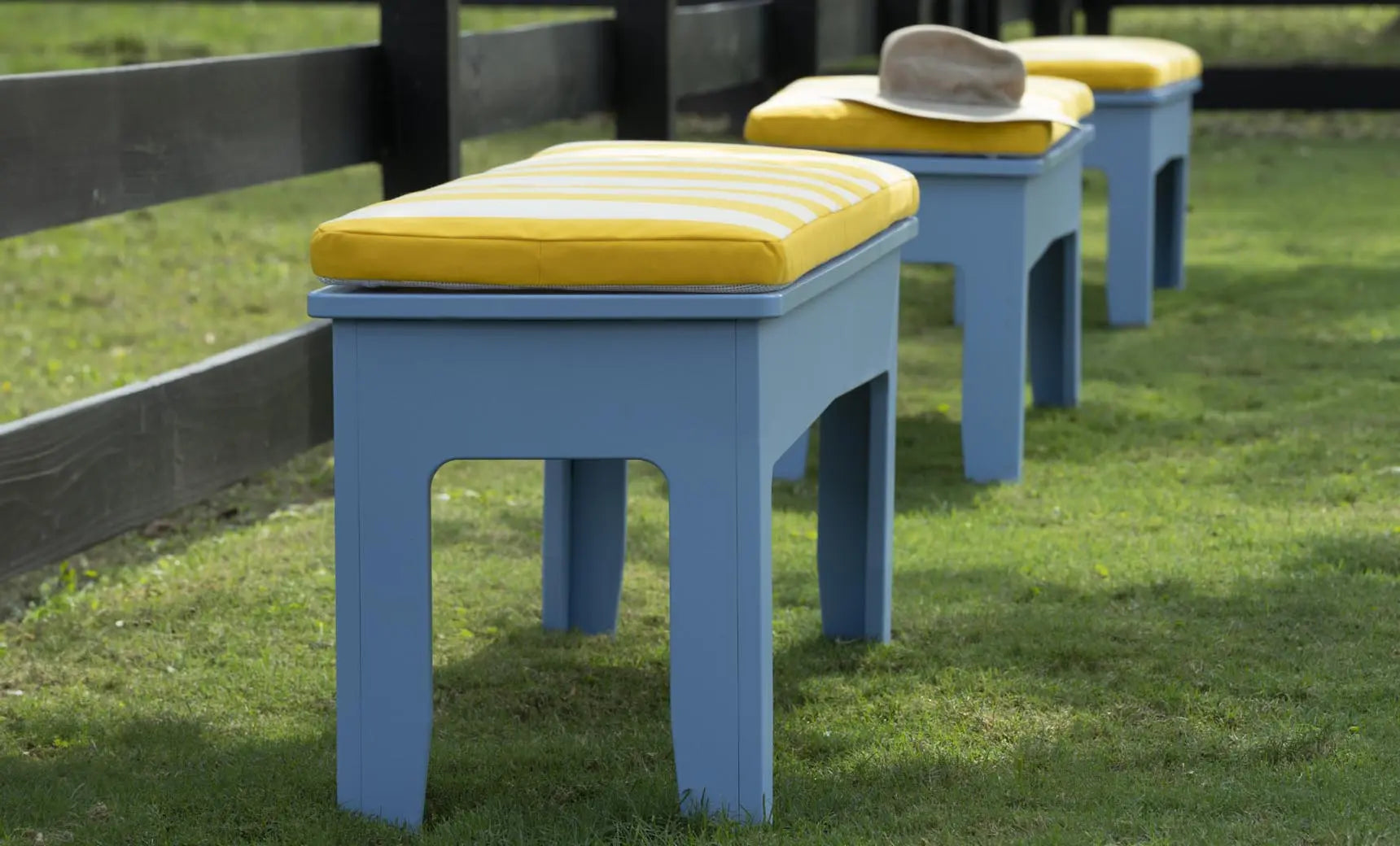 Mainstay outdoor bench cushion in blue with water-resistant fabric and zip closure