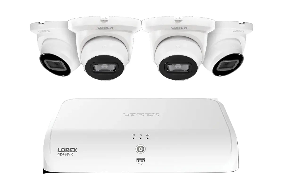 Set of Lorex security cameras and a NVR on a white background