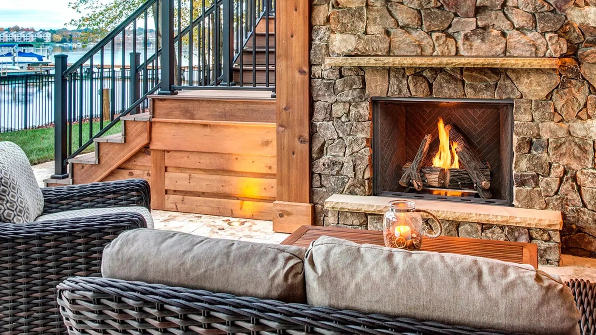 Majestic Courtyard 42" outdoor gas fireplace with modern design and glass front panel.