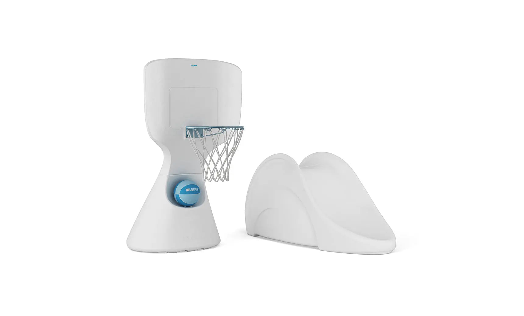 Hoopstr and Signature slide-in pool games set featuring a basketball hoop and volleyball net in blue and yellow.