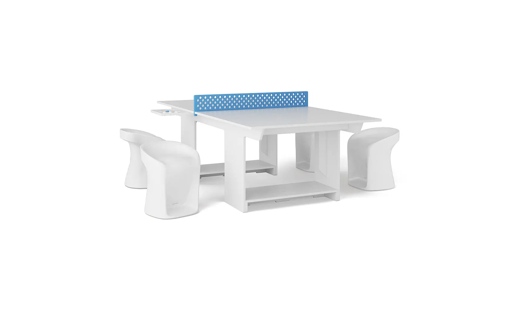 Table tennis table with green playing surface and two barstools placed nearby.