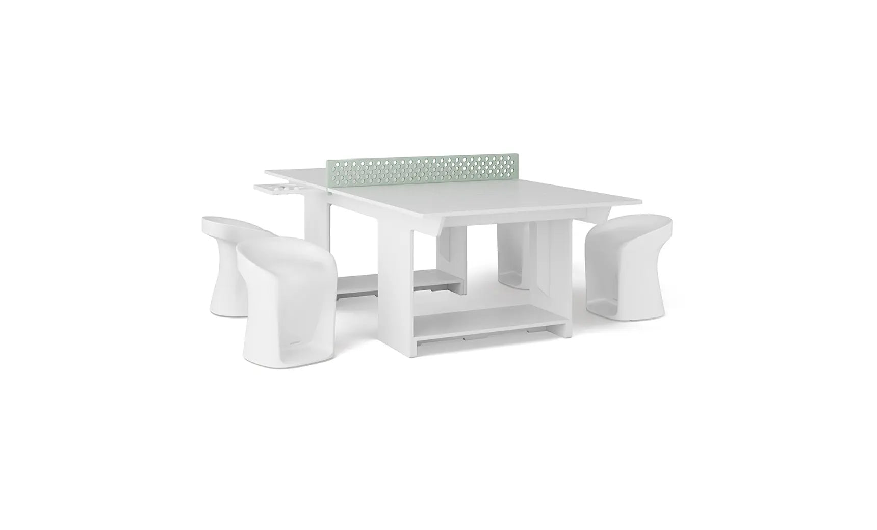 Table tennis table with green surface and two barstools in a casual gathering setup.