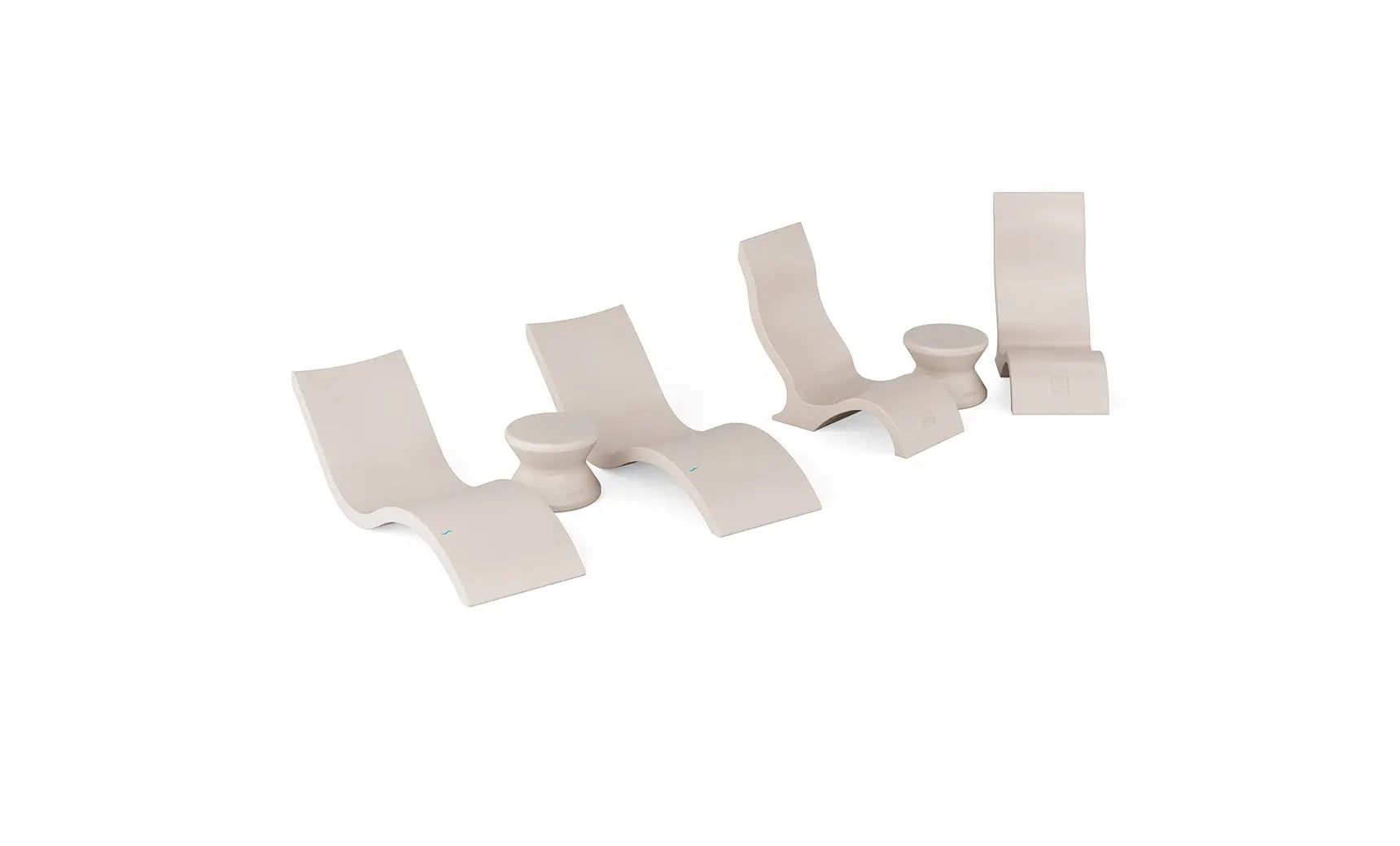 Signature Poolside Chaise Lounge set with matching chairs and side table in a modern design for in-pool use.