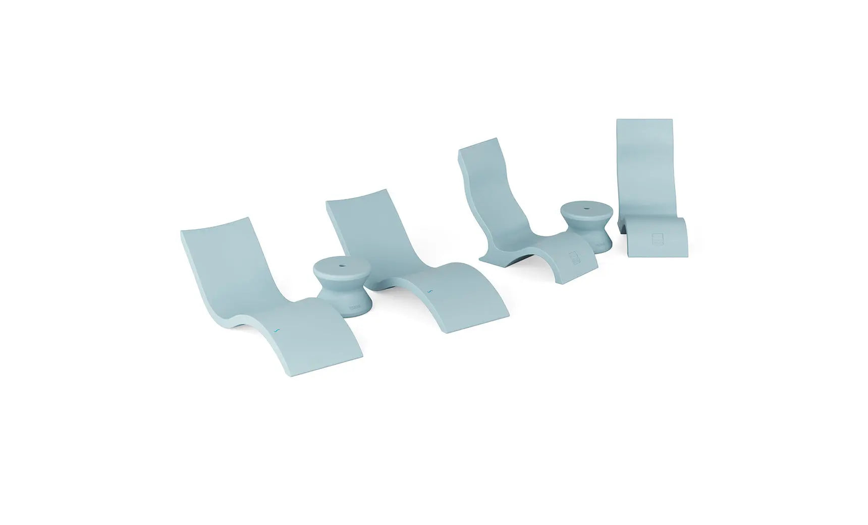 Signature pool chaise lounge set with two matching chairs and a side table by the edge of a pool.