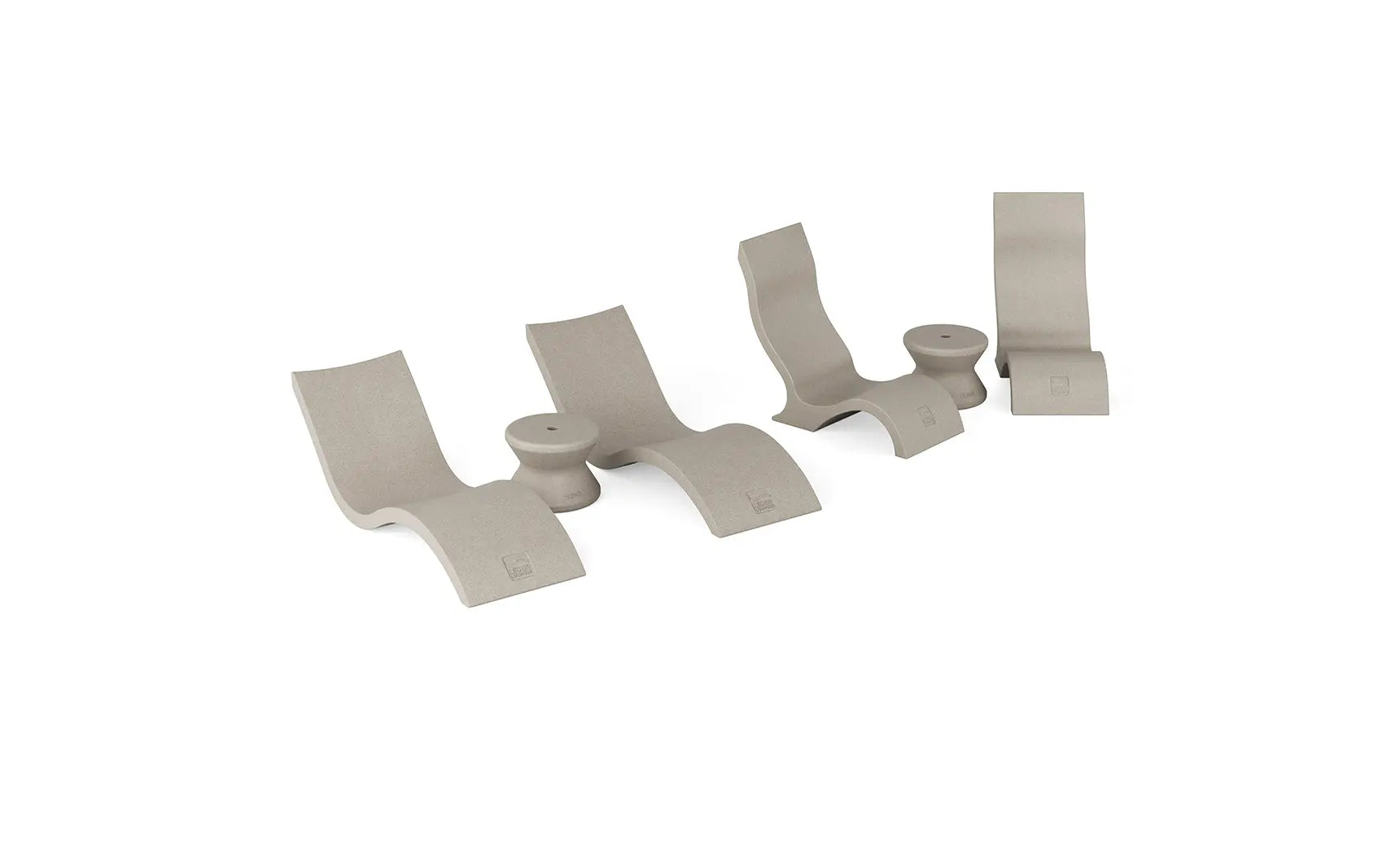 Signature pool chaise lounge set with two matching chairs and a side table in a modern design.