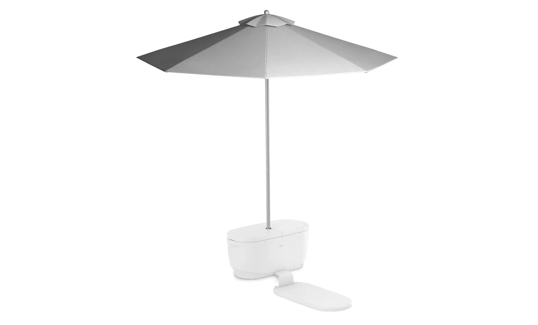 PartyPad swim-up bar with blue and white umbrella, red cooler, and drinks on ice.