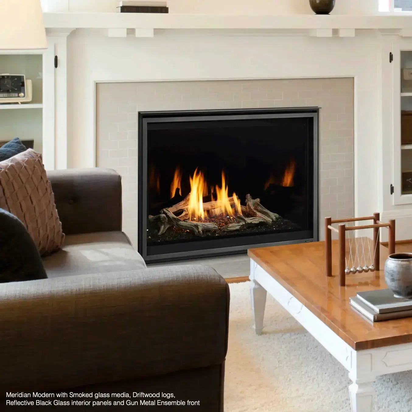 Majestic Meridian Modern 42-inch direct vent gas fireplace with sleek glass front and metal frame.
