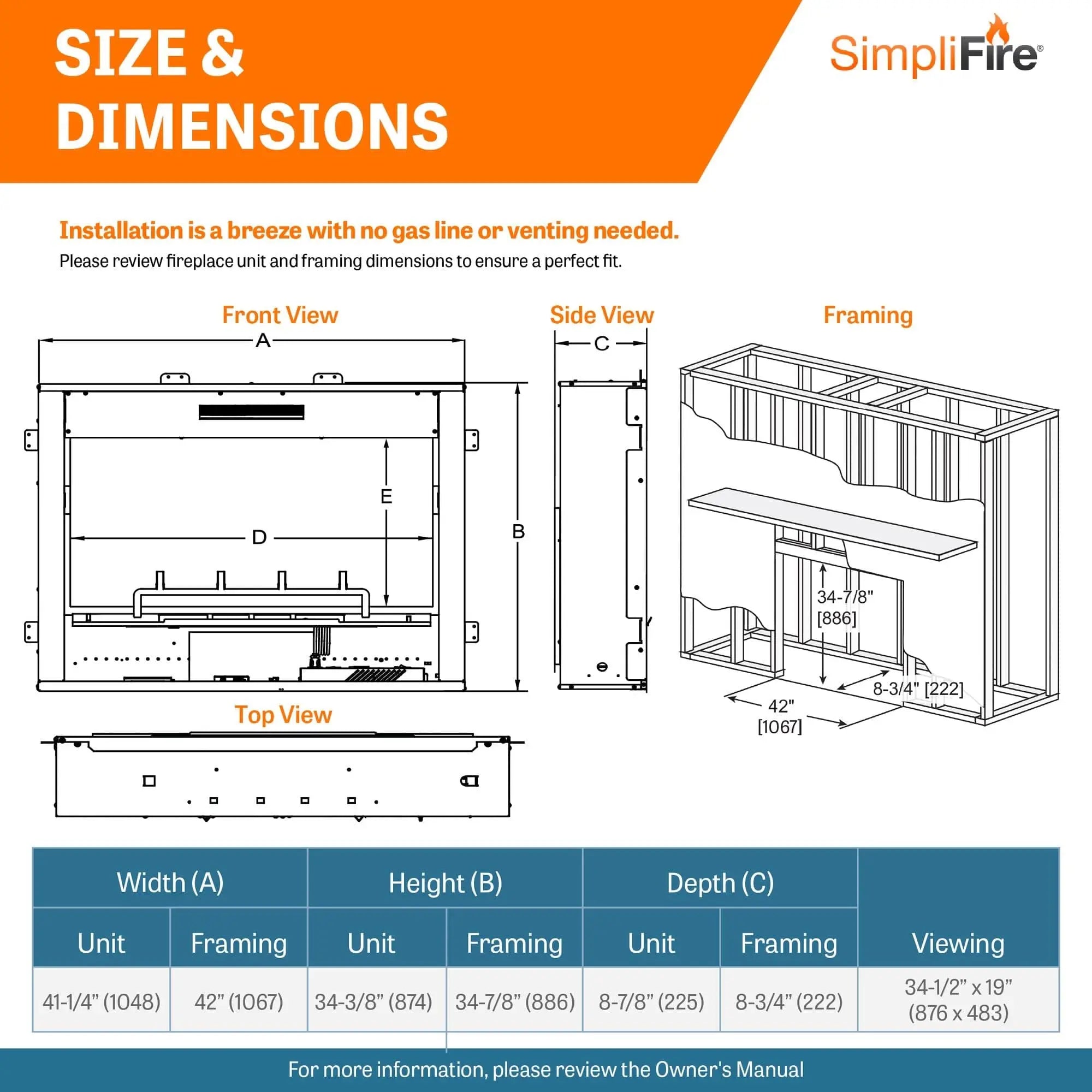 SimpliFire Inception 36" Electric Fireplace with Folio Decorative Front