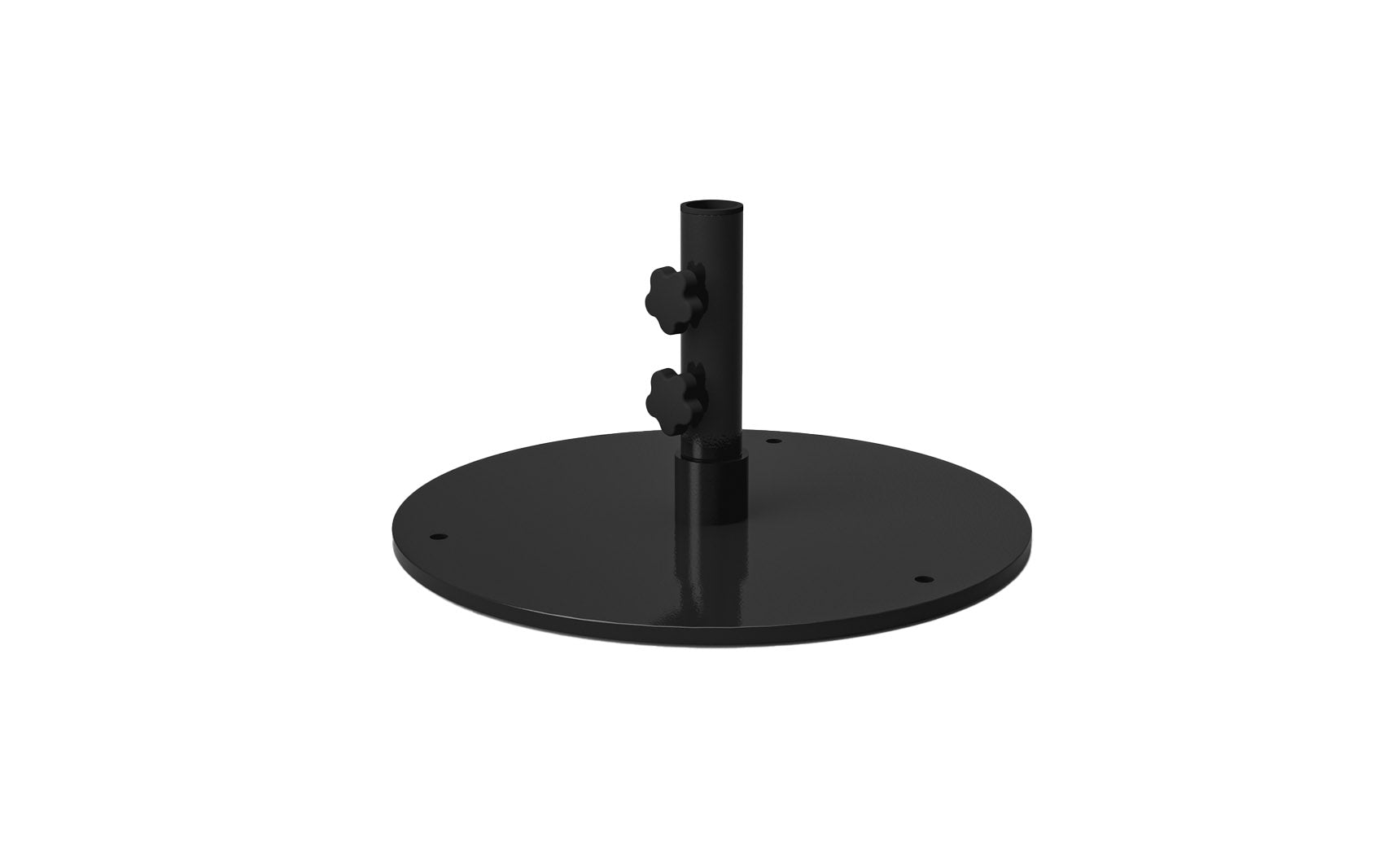 Steel plate umbrella base with a circular design and multiple screw holes for stability.