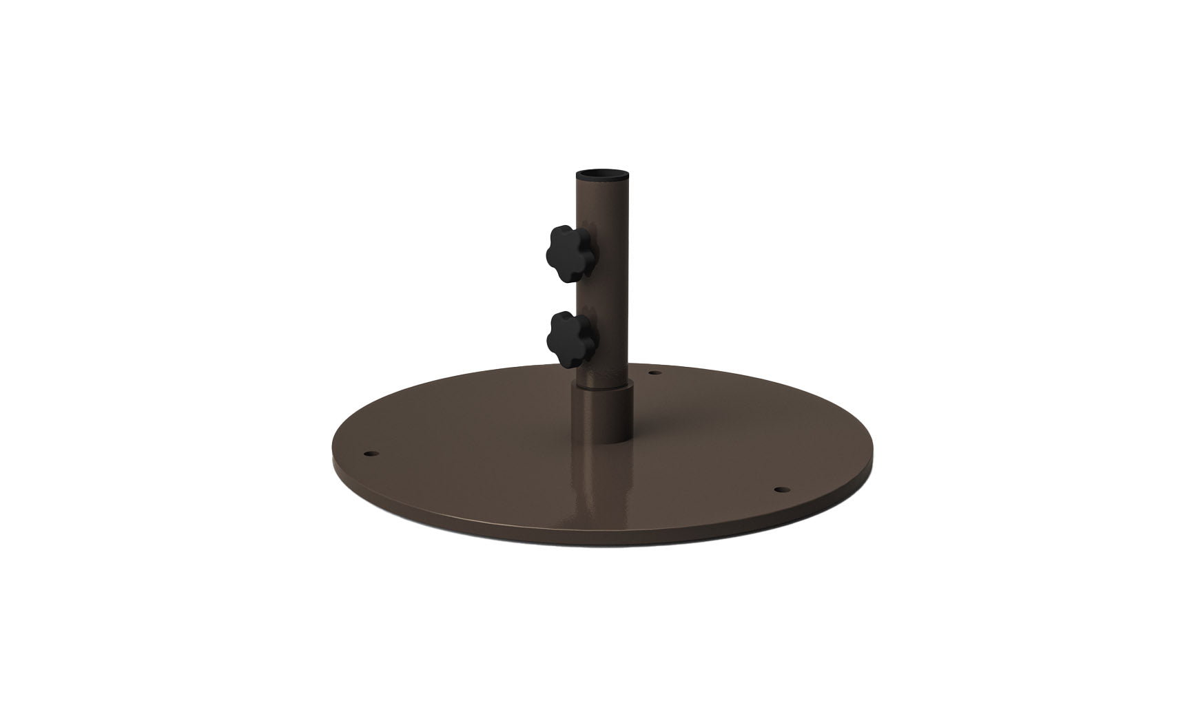 Steel plate umbrella base with a circular design and multiple screw holes for stability.