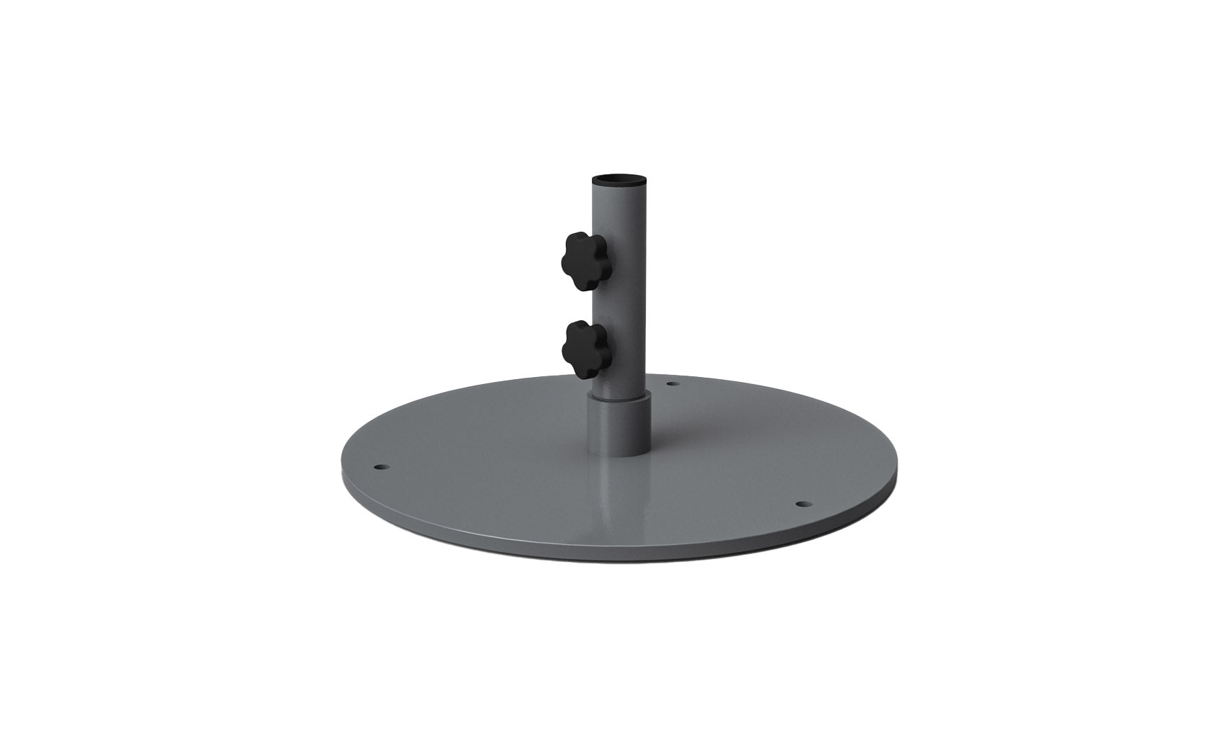 Steel plate umbrella base with a circular design and multiple screw holes for stability.