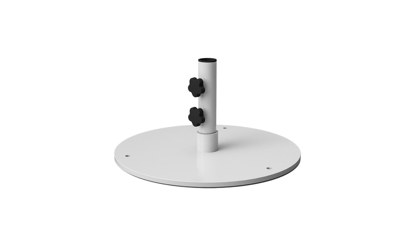 Steel plate umbrella base with a circular design and multiple screw holes for stability.
