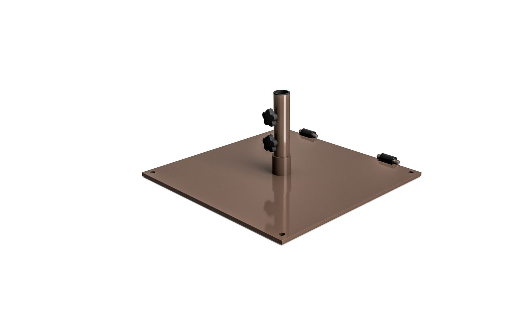 Steel plate umbrella base with a circular design and multiple screw holes for stability.