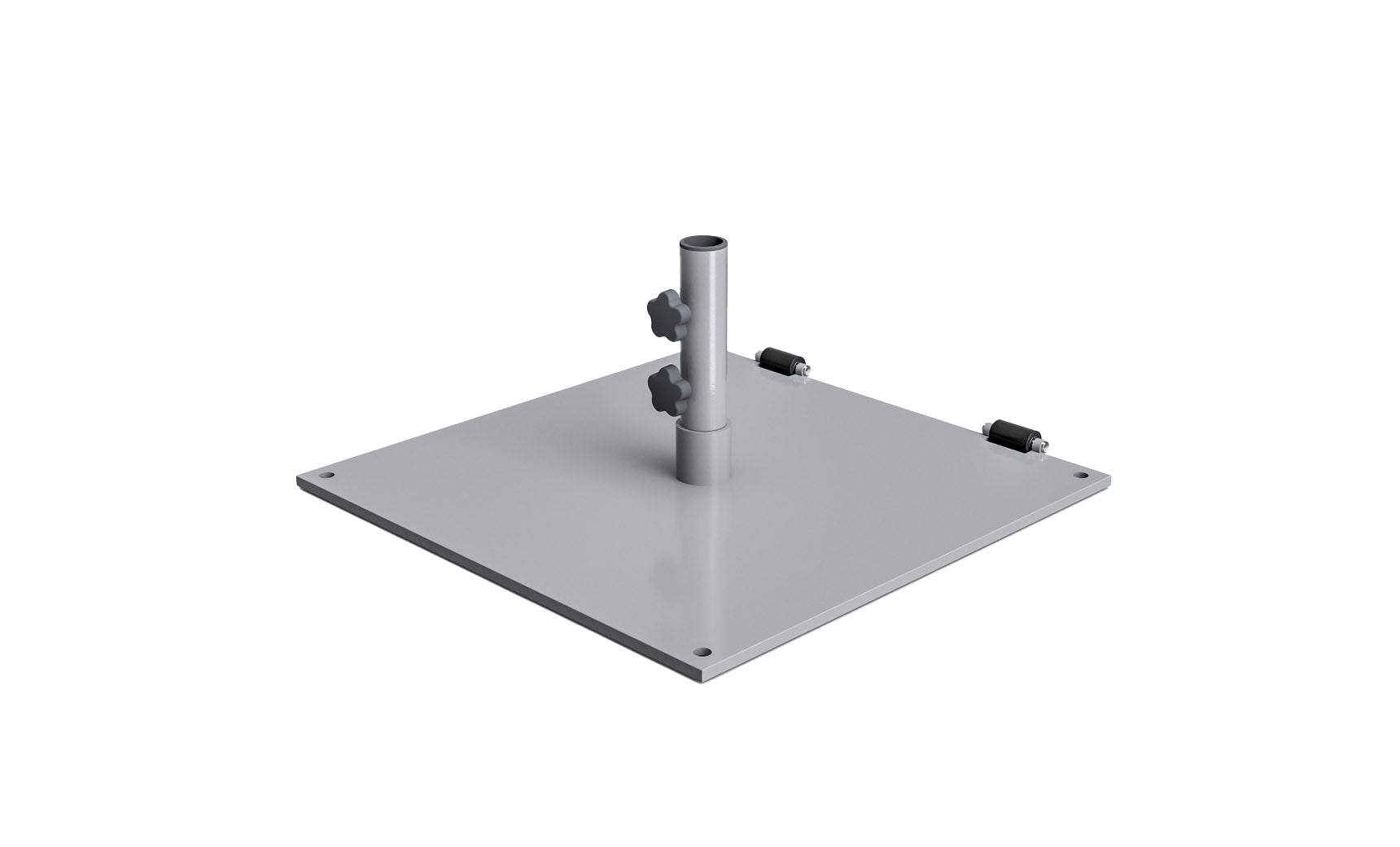 Steel plate umbrella base with a circular design and multiple screw holes for stability.