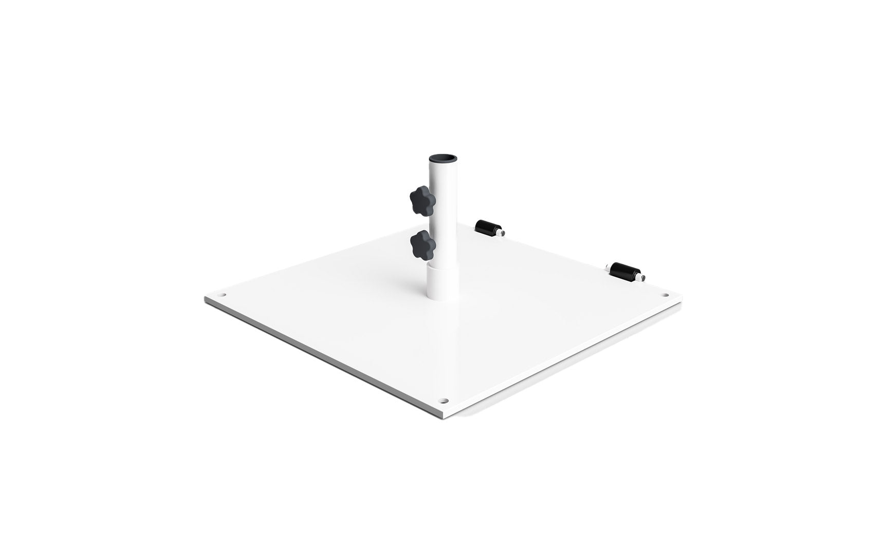 Steel plate umbrella base with a circular design and multiple screw holes for stability.