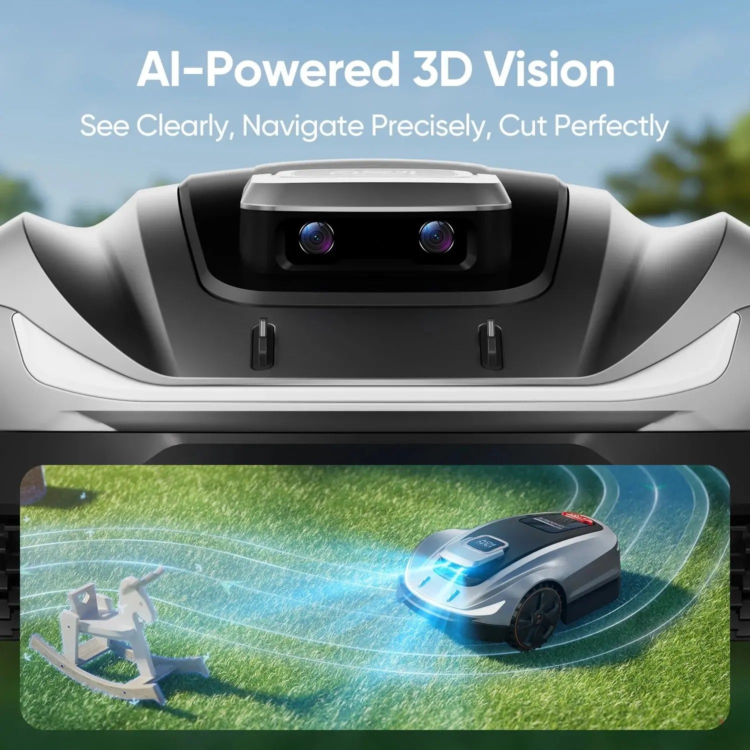 Robotic lawn mower with AI-Powered 3D Vision technology, showing navigation on grass.