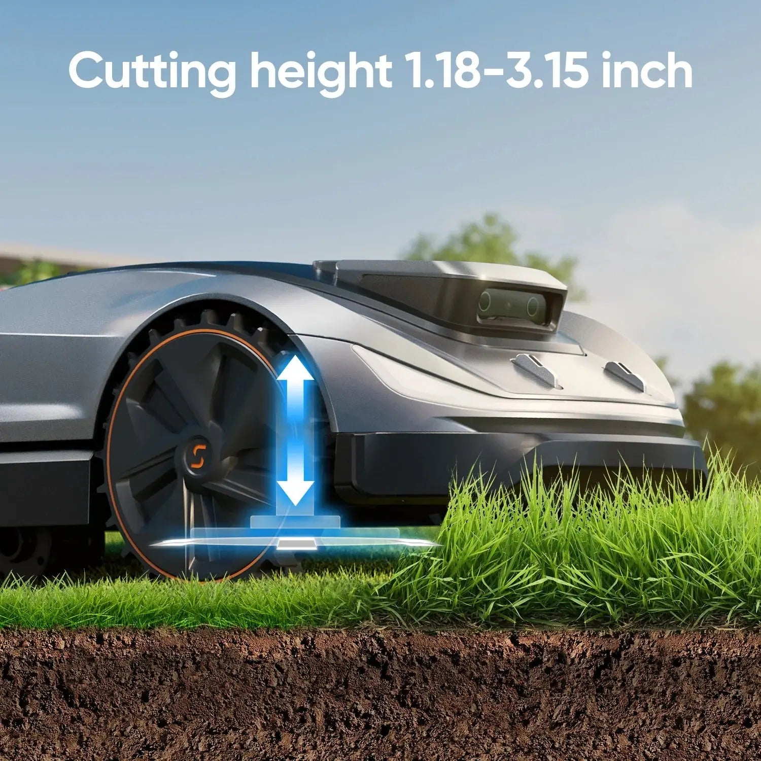 Robotic lawn mower cutting grass with text indicating cutting height range.