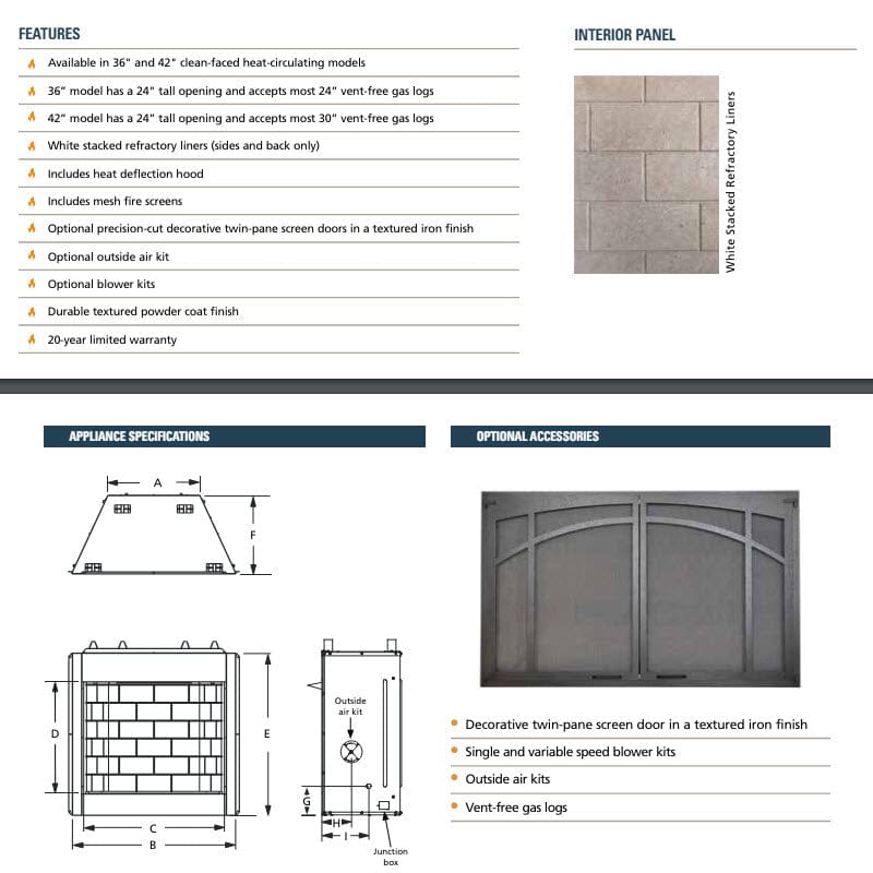 Superior VRT25WS 24-Inch Tall Opening Vent-Free Firebox with White Stacked Panel