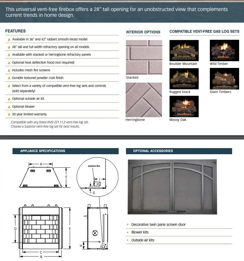 Superior VRT3500 28-Inch Tall Opening Vent-Free Firebox with Refractory Liner