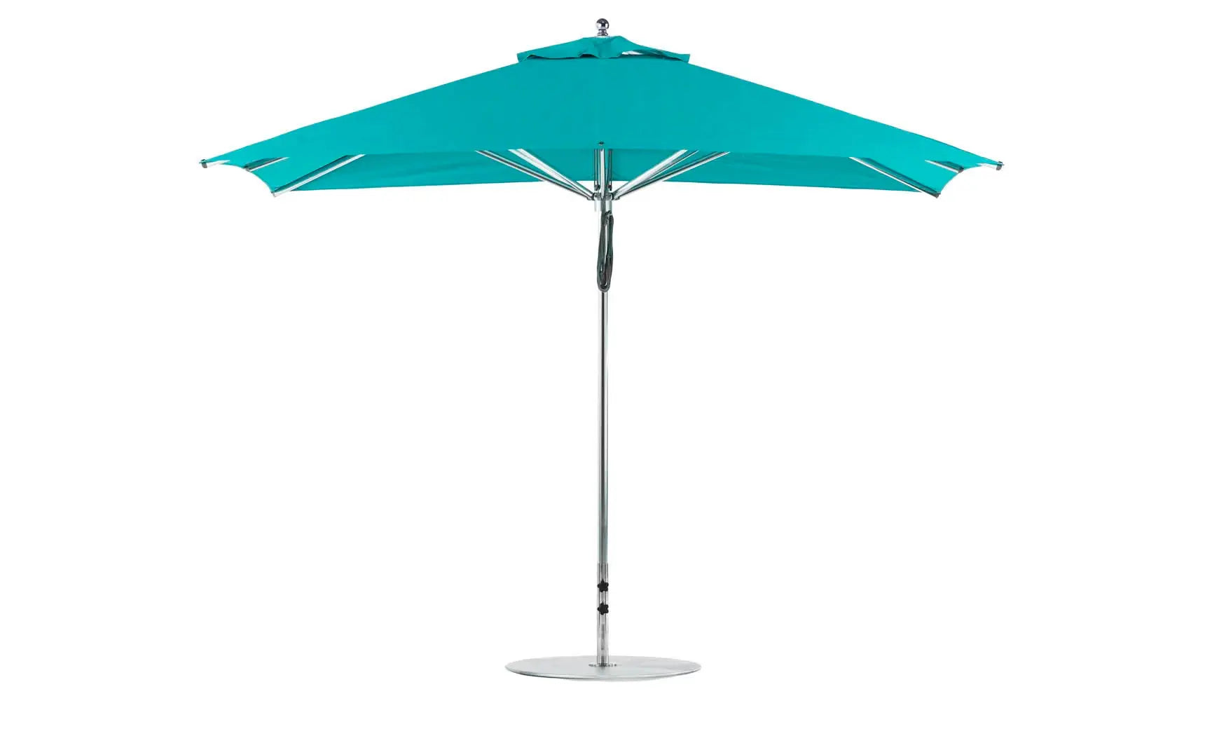 8.5-foot rectangle pulley premier umbrella in a sleek silver frame with open canopy and base stand.