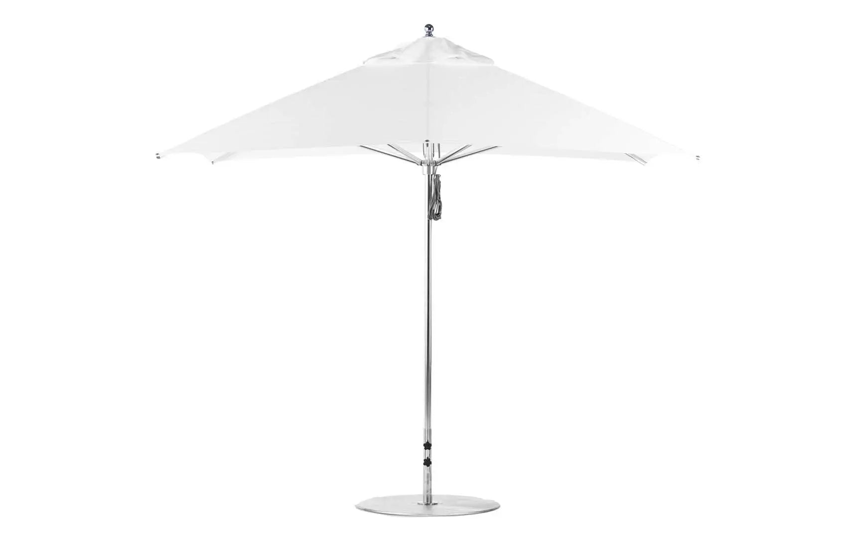 10-foot square Premier Umbrella with a black canopy and wooden frame.
