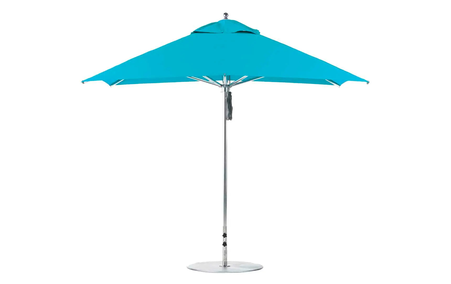 10-foot square Premier Umbrella with a pulley system for easy opening and closing.