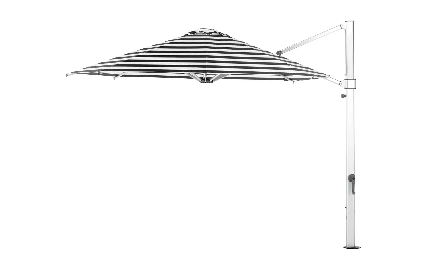 11-foot octagonal umbrella with clear cantilever design and silver ribs