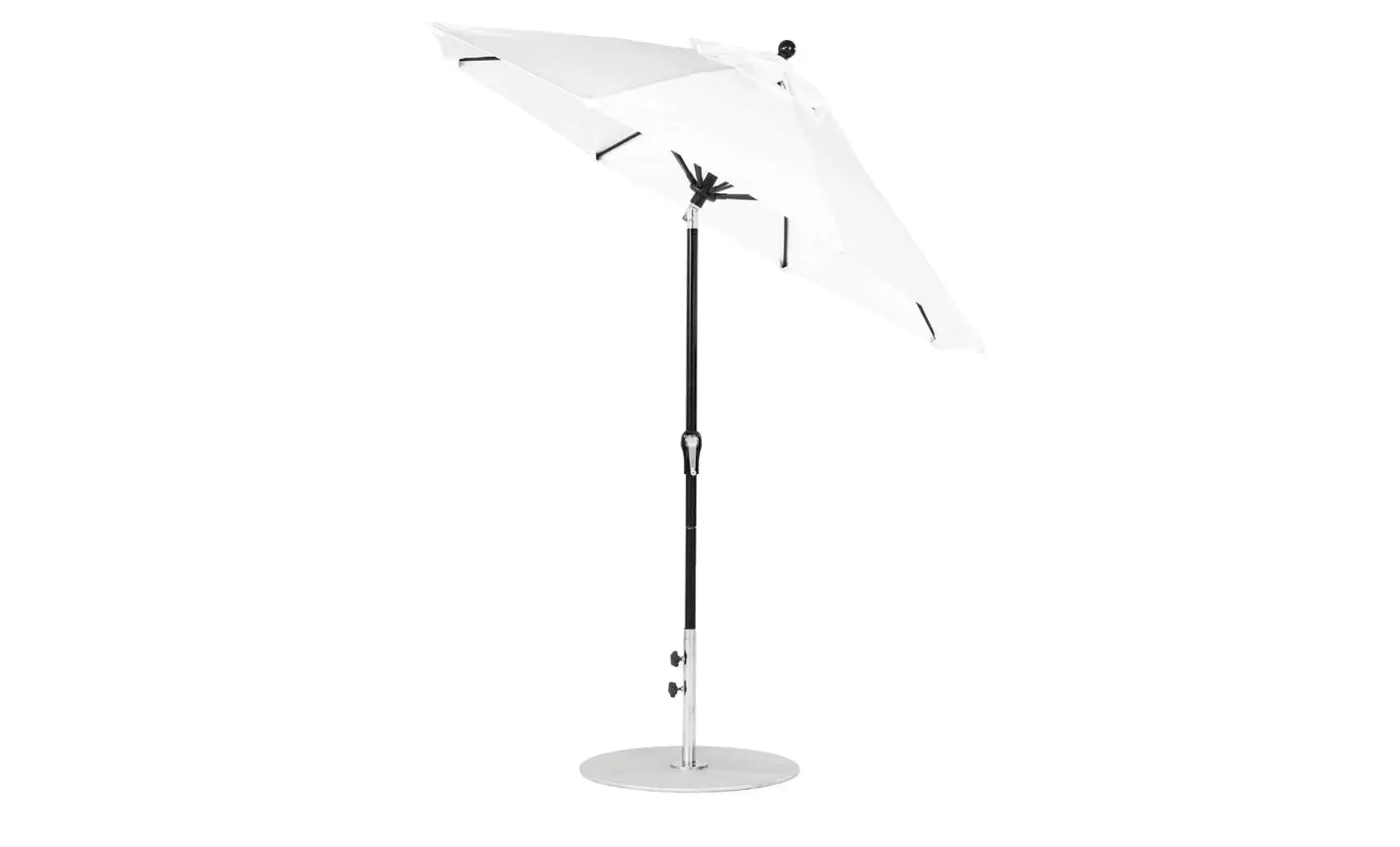 7.5-foot octagonal crank auto tilt essential fiberglass umbrella in white with wooden ribs and black base