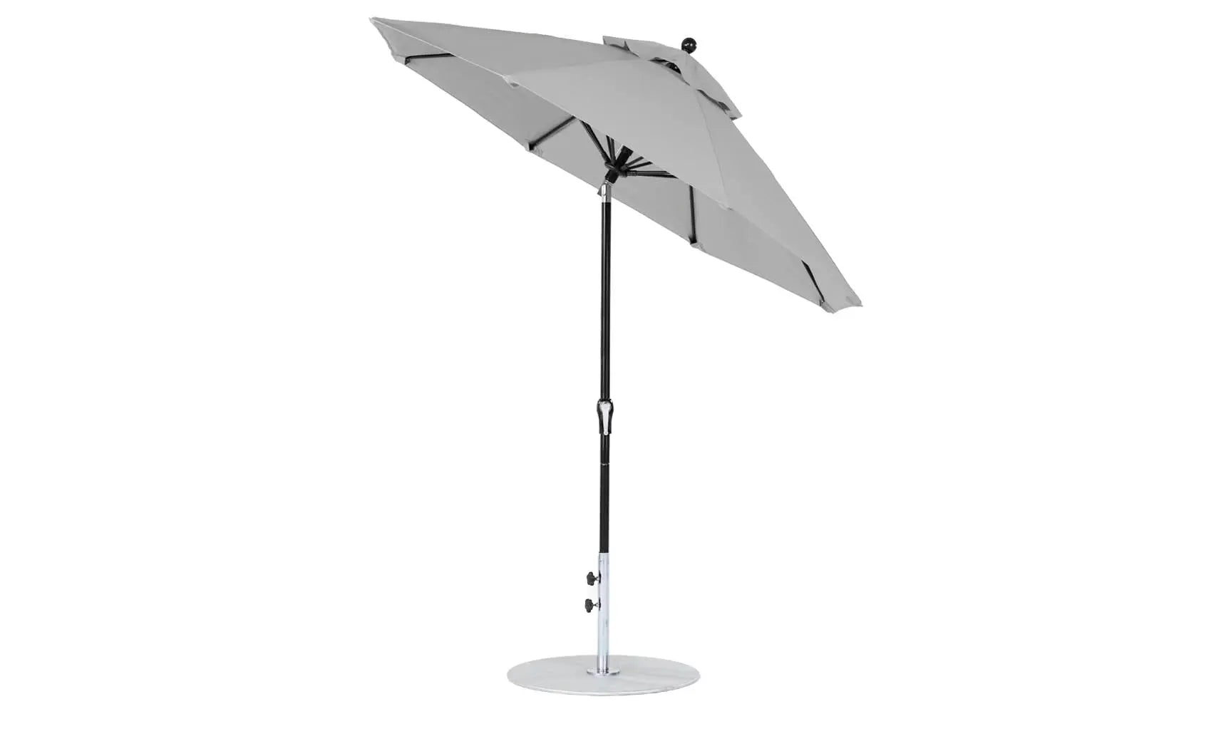 7.5-foot octagonal crank auto tilt essential fiberglass umbrella in white with wooden ribs and black base