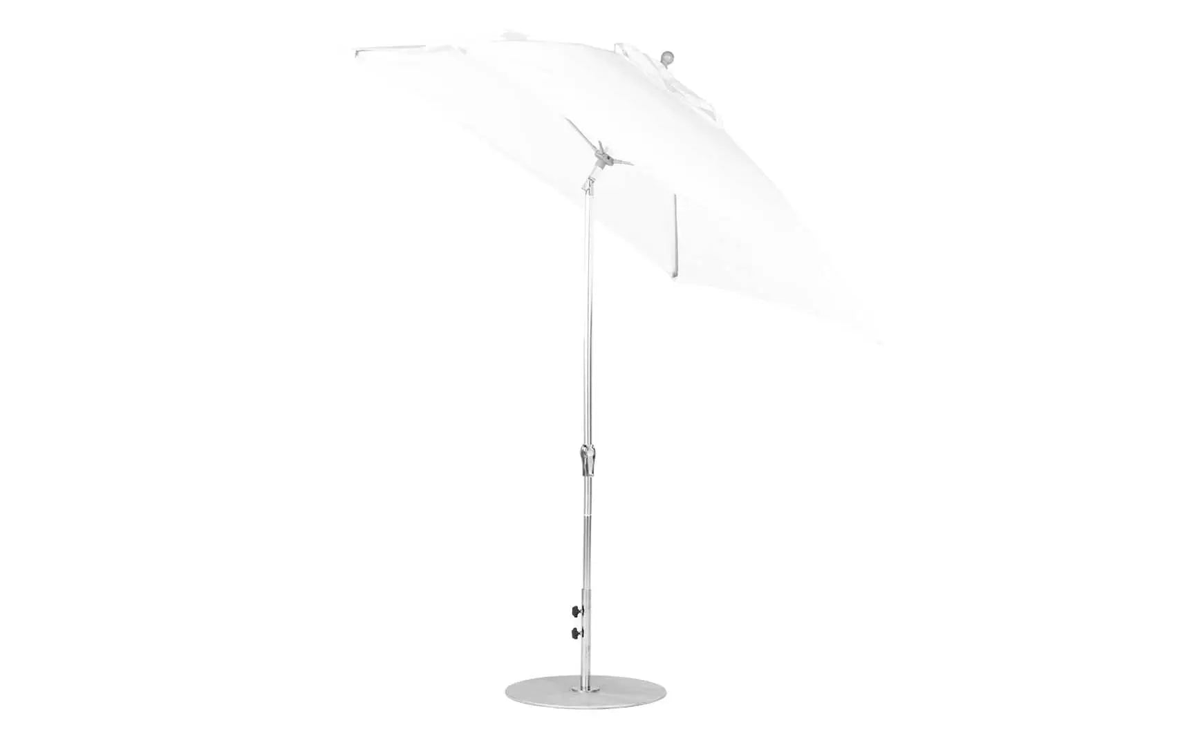 7.5-foot square crank auto tilt essential fiberglass umbrella in white with wooden frame and black base