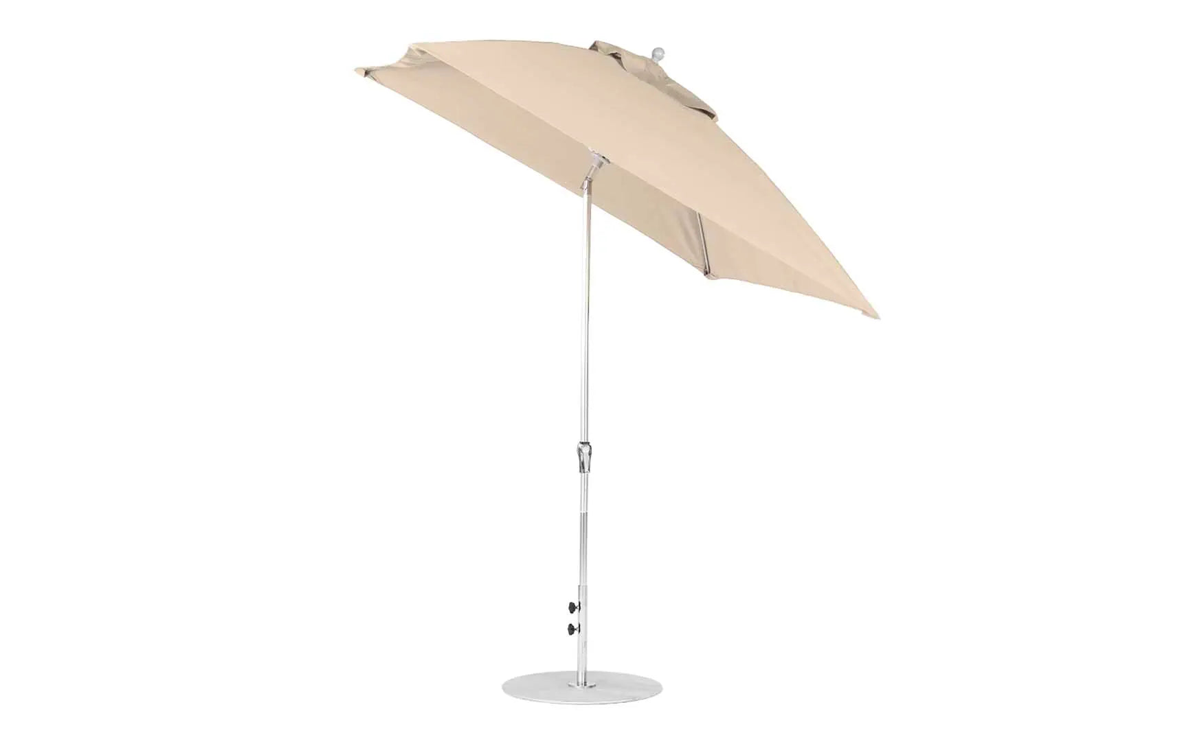 7.5-foot square crank auto tilt essential fiberglass umbrella in white with wooden frame and black base