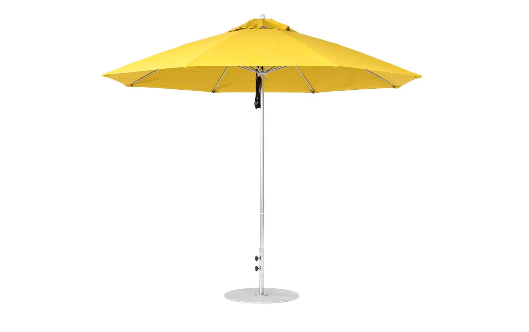 11-foot octagonal fiberglass umbrella with black canopy and silver poles