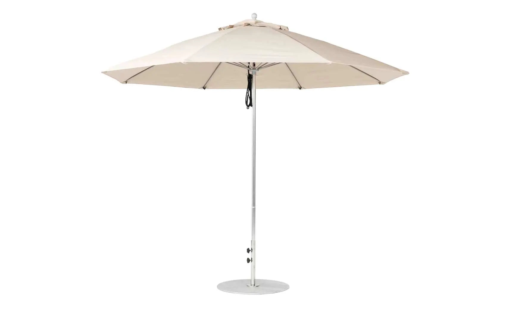 11-foot octagonal fiberglass umbrella with black canopy and silver poles