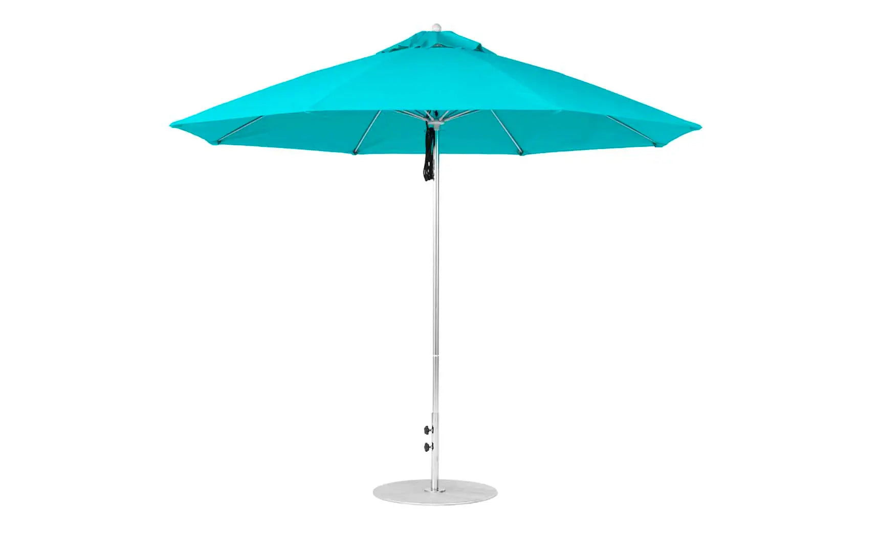 11-foot octagonal fiberglass umbrella with black canopy and silver poles