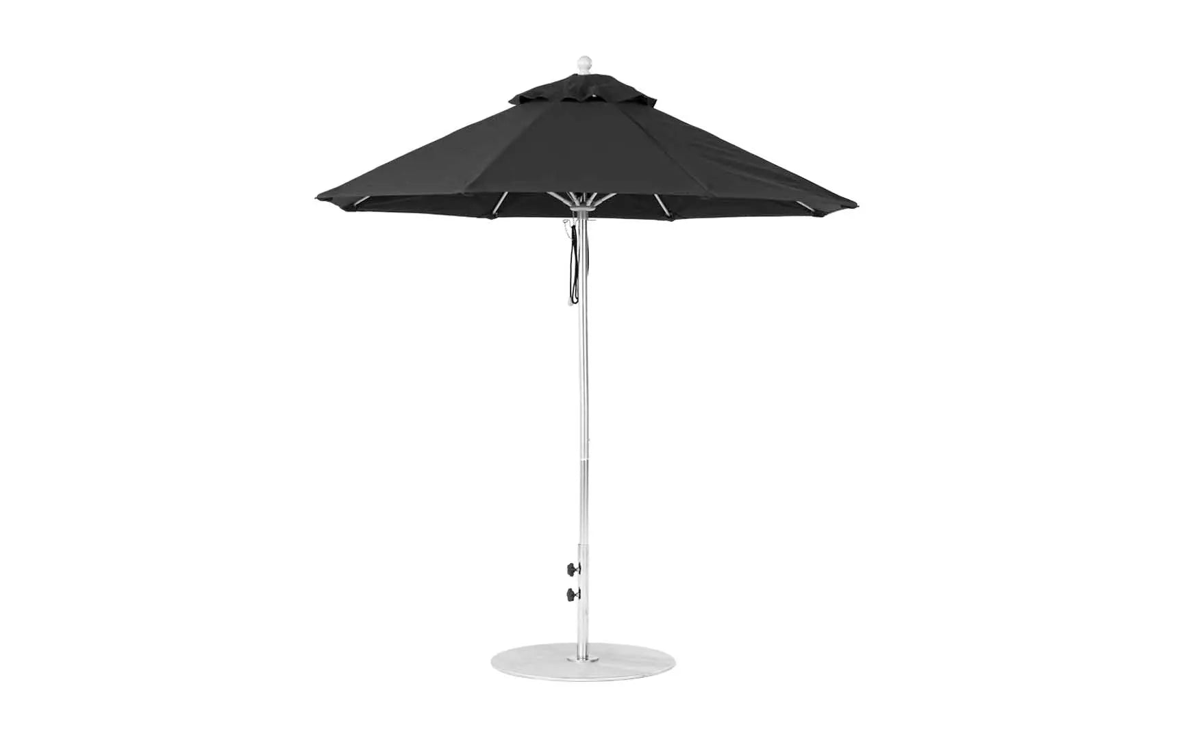 7.5-foot octagonal fiberglass umbrella with black ribs and silver canopy