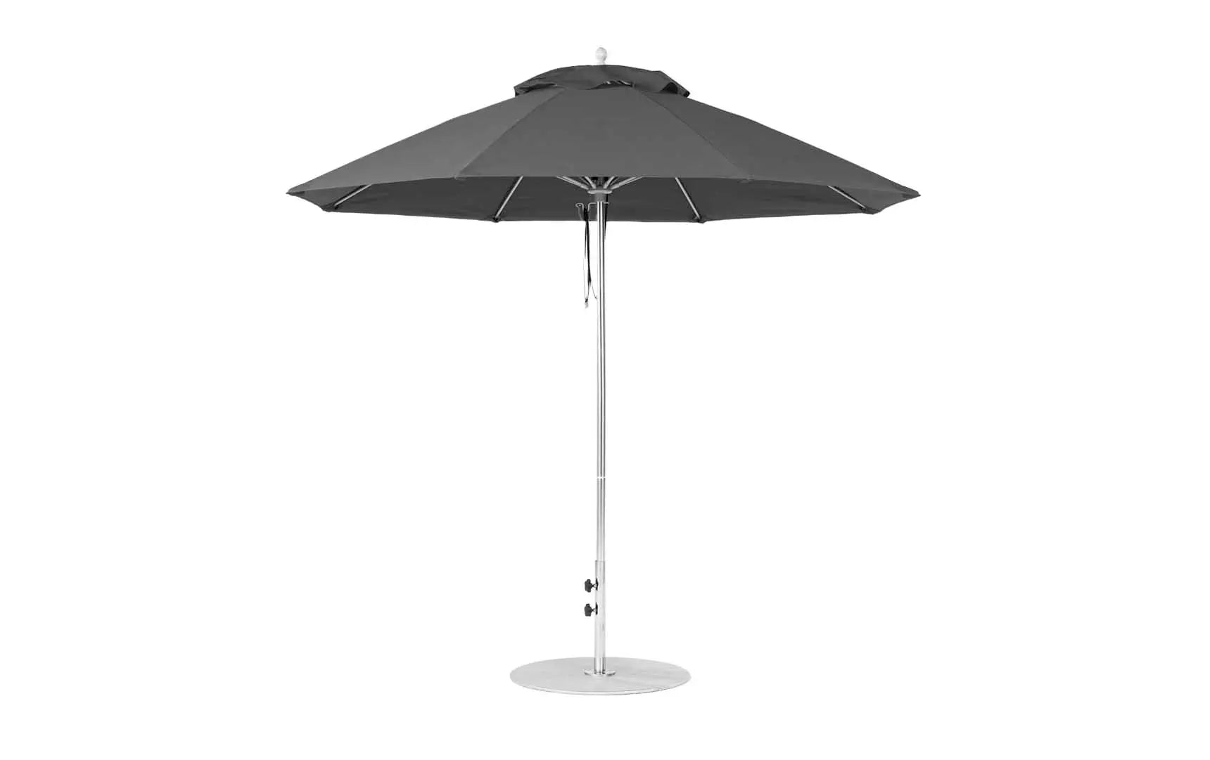 9-foot octagonal fiberglass umbrella with black canopy and silver ribs