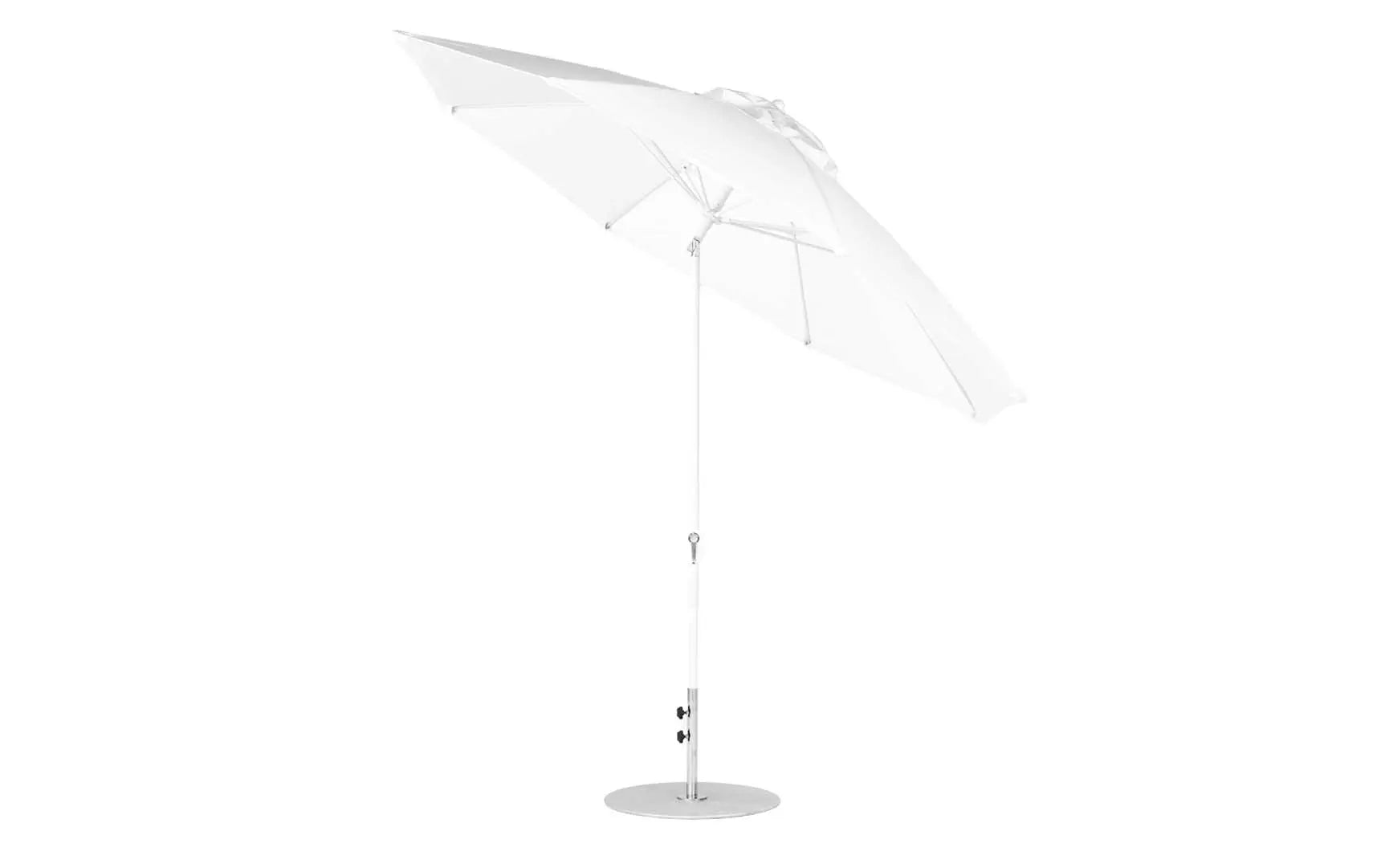 11-foot octagon crank auto tilt essential fiberglass umbrella in white with black ribs and silver accents