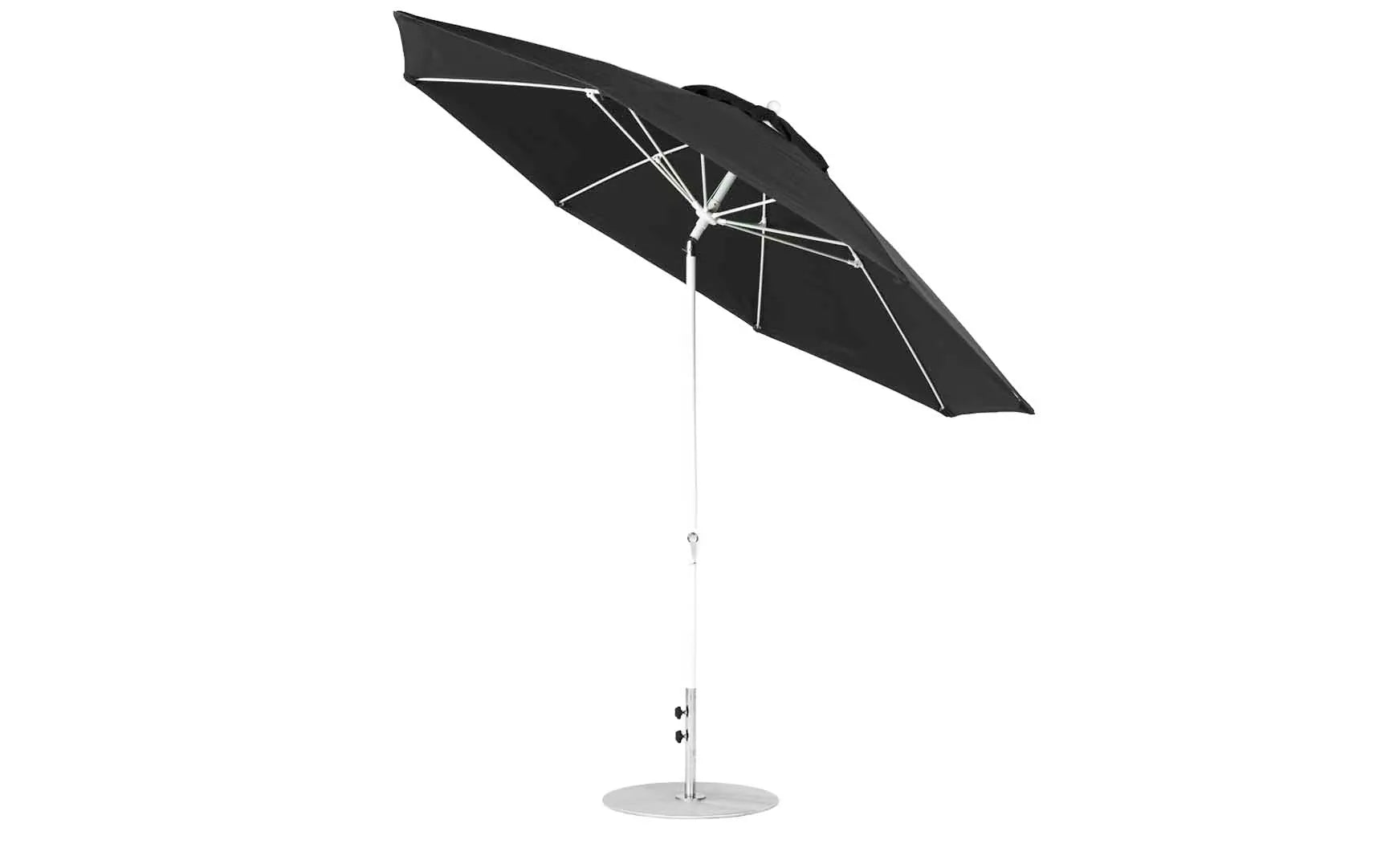 11-foot octagonal crank auto tilt essential fiberglass umbrella in white with black ribs and silver accents