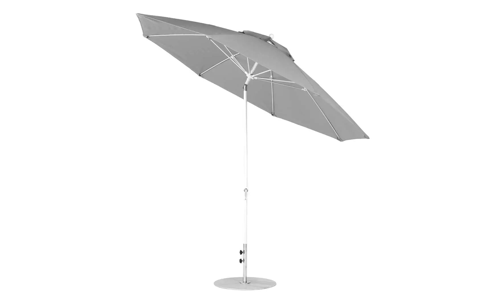 11-foot octagonal crank auto tilt essential fiberglass umbrella in white with black ribs and silver accents