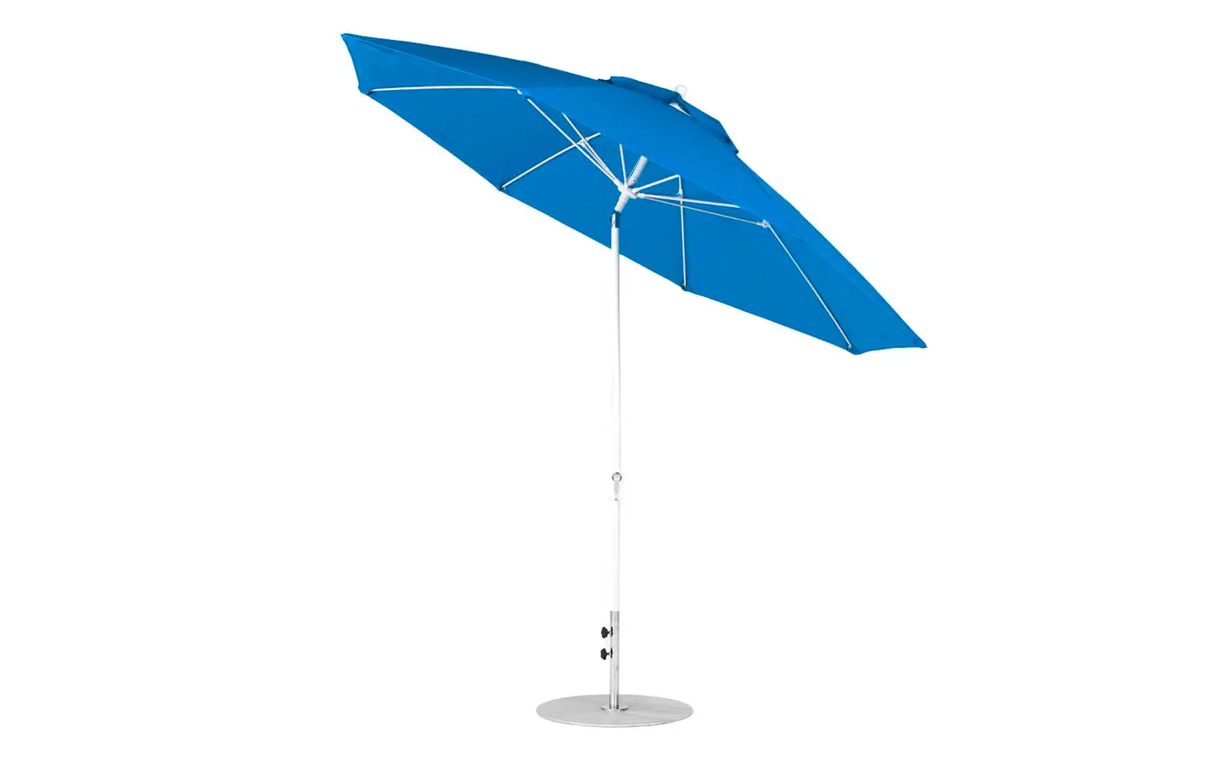 11-foot octagon crank auto tilt essential fiberglass umbrella in white with black ribs and silver accents