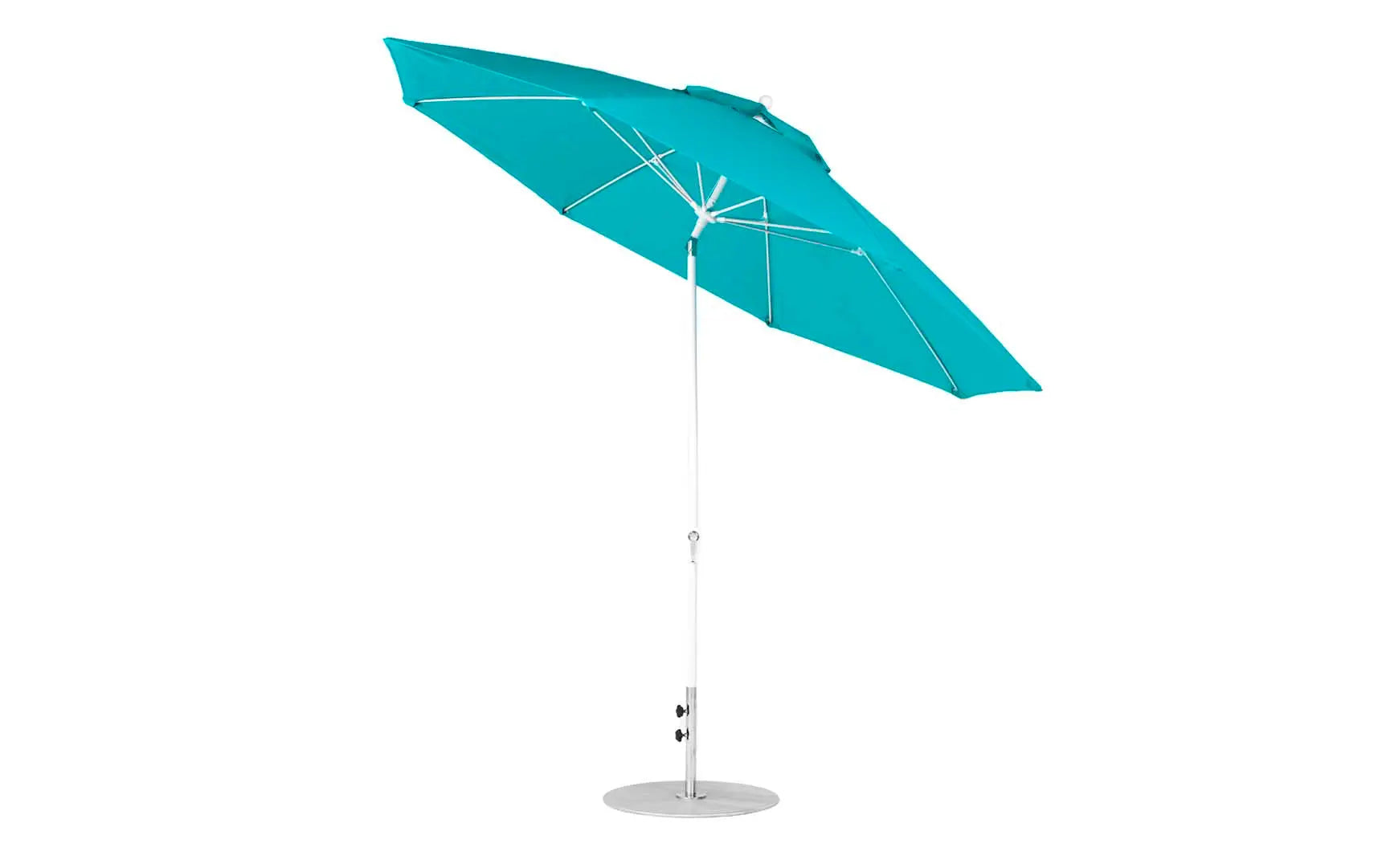 11-foot octagonal crank auto tilt essential fiberglass umbrella in white with black ribs and silver accents