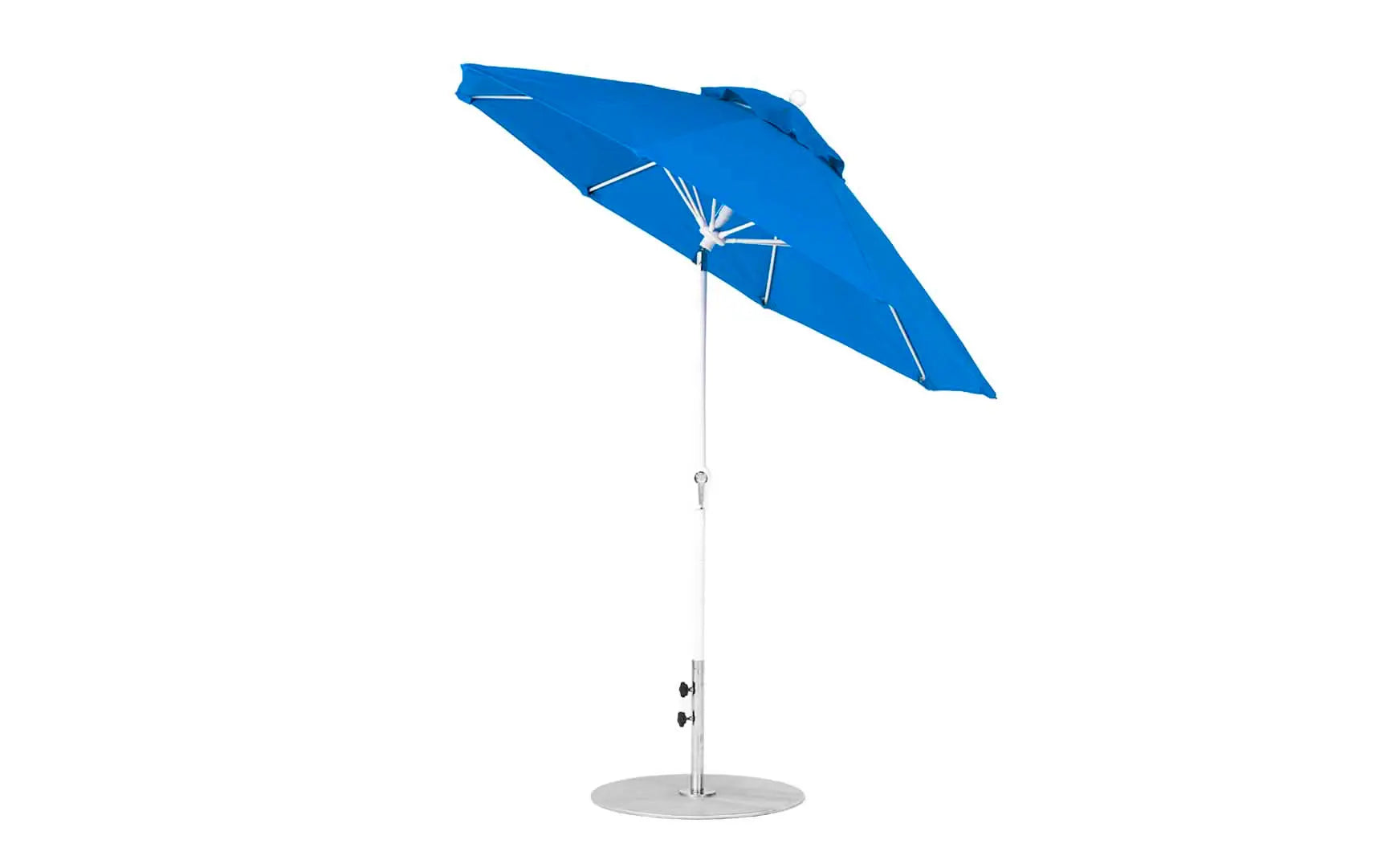 7.5-foot octagonal crank auto tilt essential fiberglass umbrella in white with wooden ribs and silver accents
