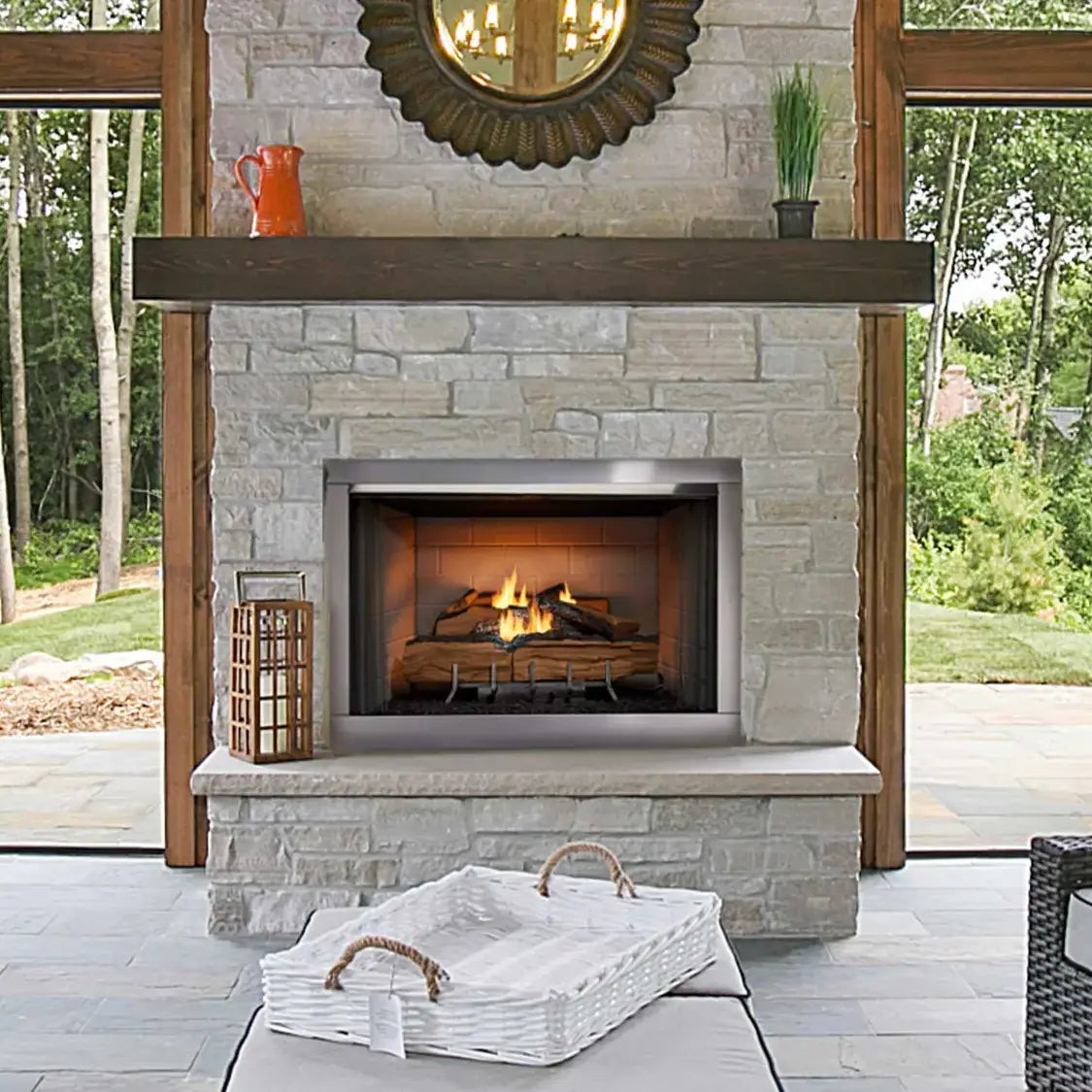 Majestic Vesper 36-inch outdoor ventless gas fireplace with modern design and glass front.