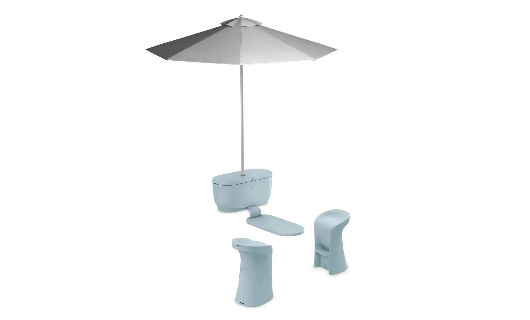 PartyPad swim-up bar with blue and white umbrella, red cooler, and drinks on ice.