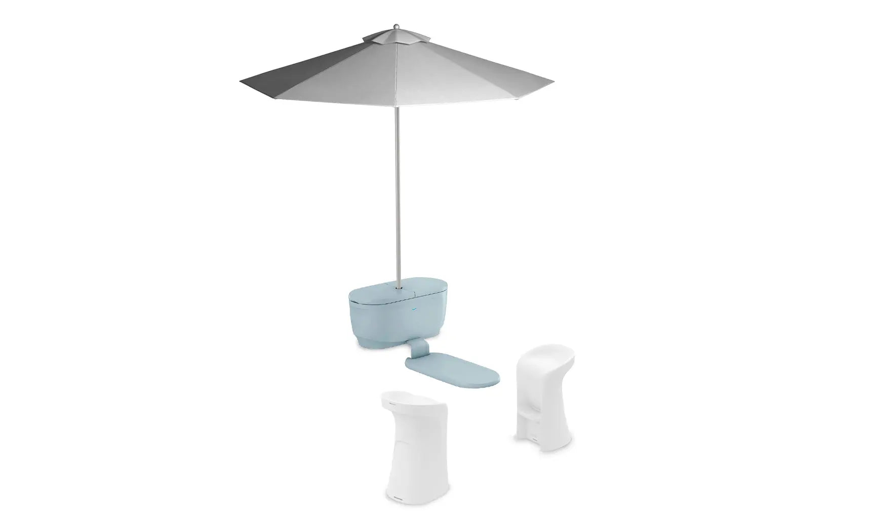 PartyPad swim-up bar with blue and white striped umbrella and drinks on ice.