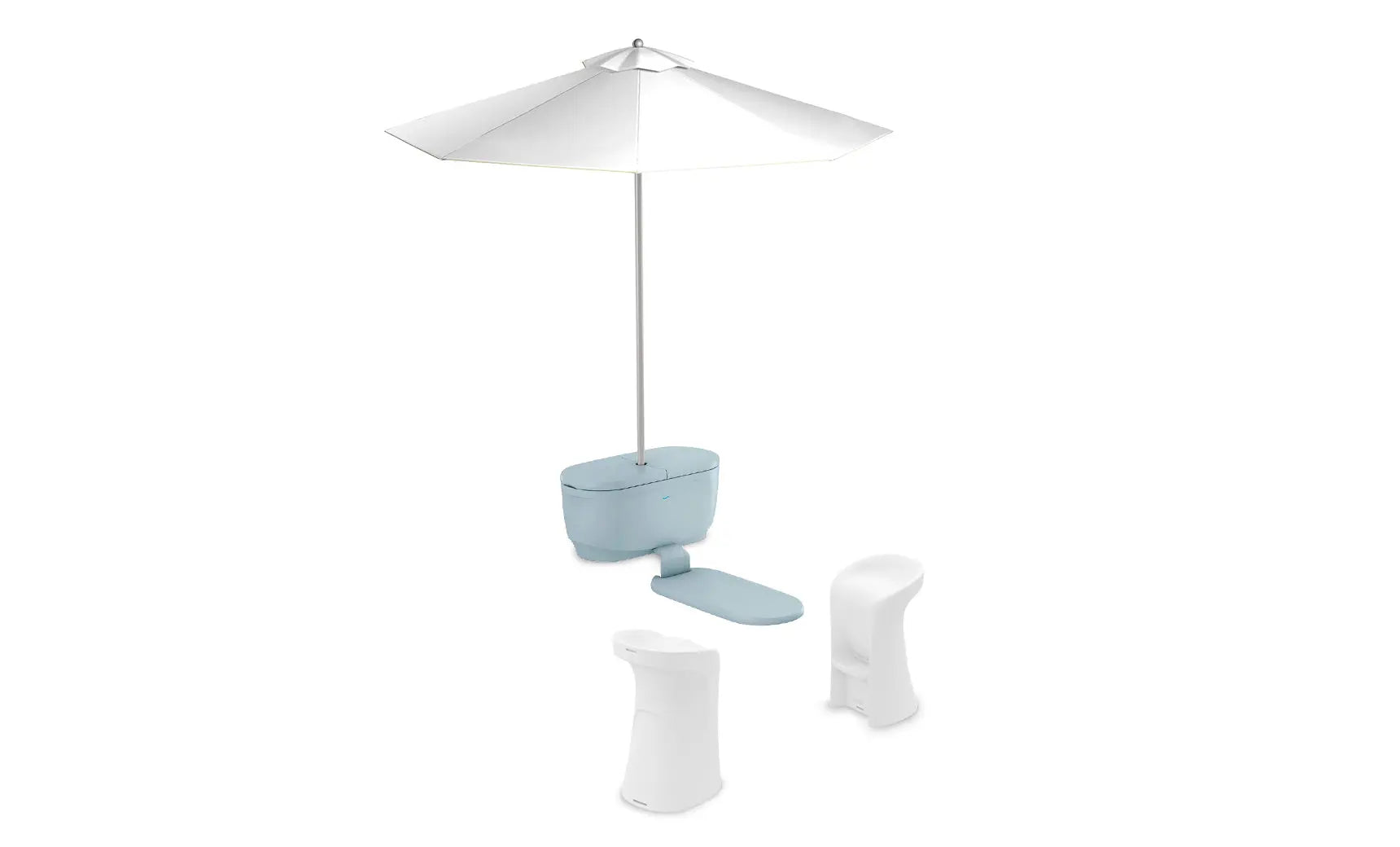 PartyPad swim-up bar with blue and white umbrella, red cooler, and drinks on ice.