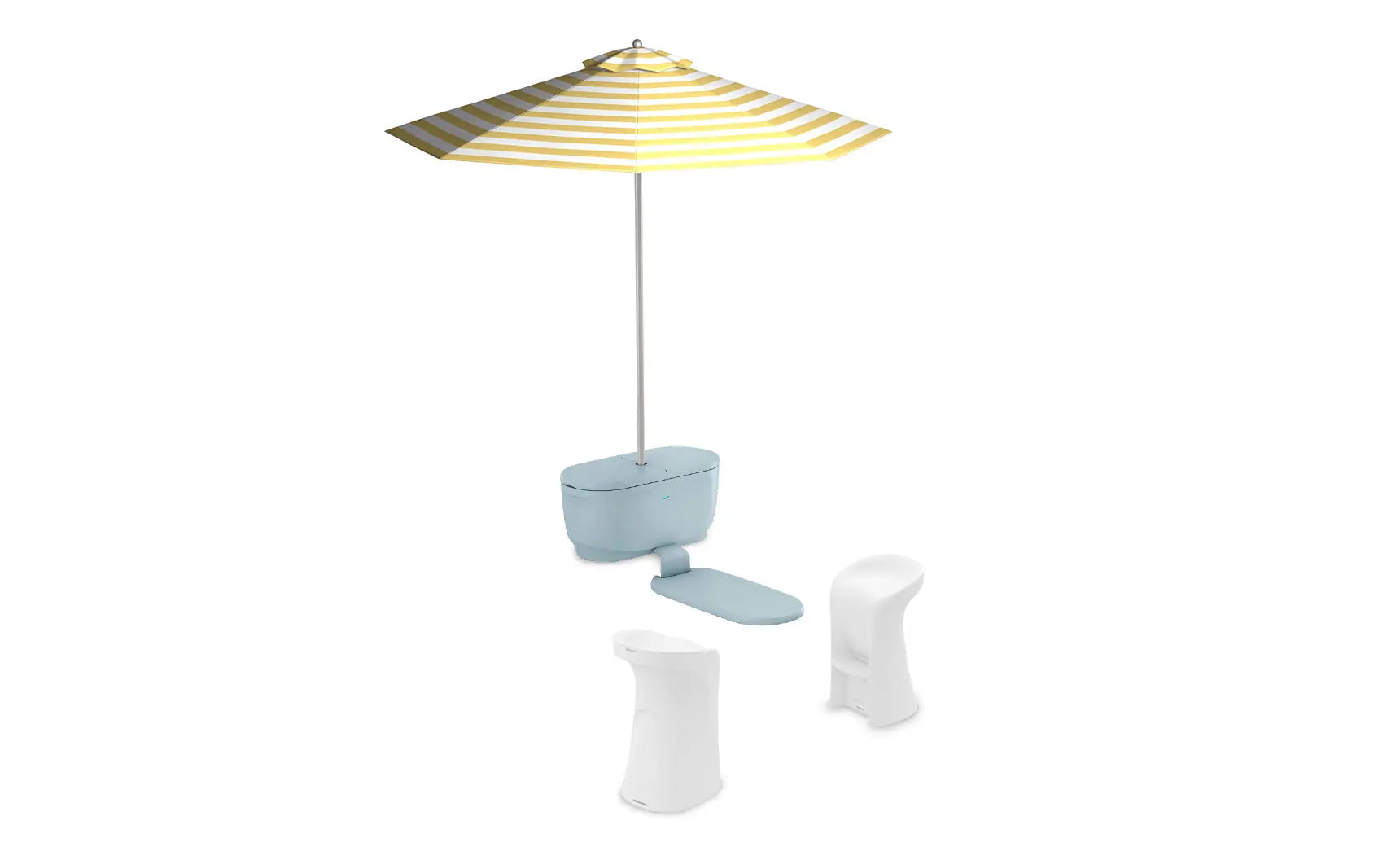 PartyPad swim-up bar with blue and white umbrella, red cooler, and drinks on ice.