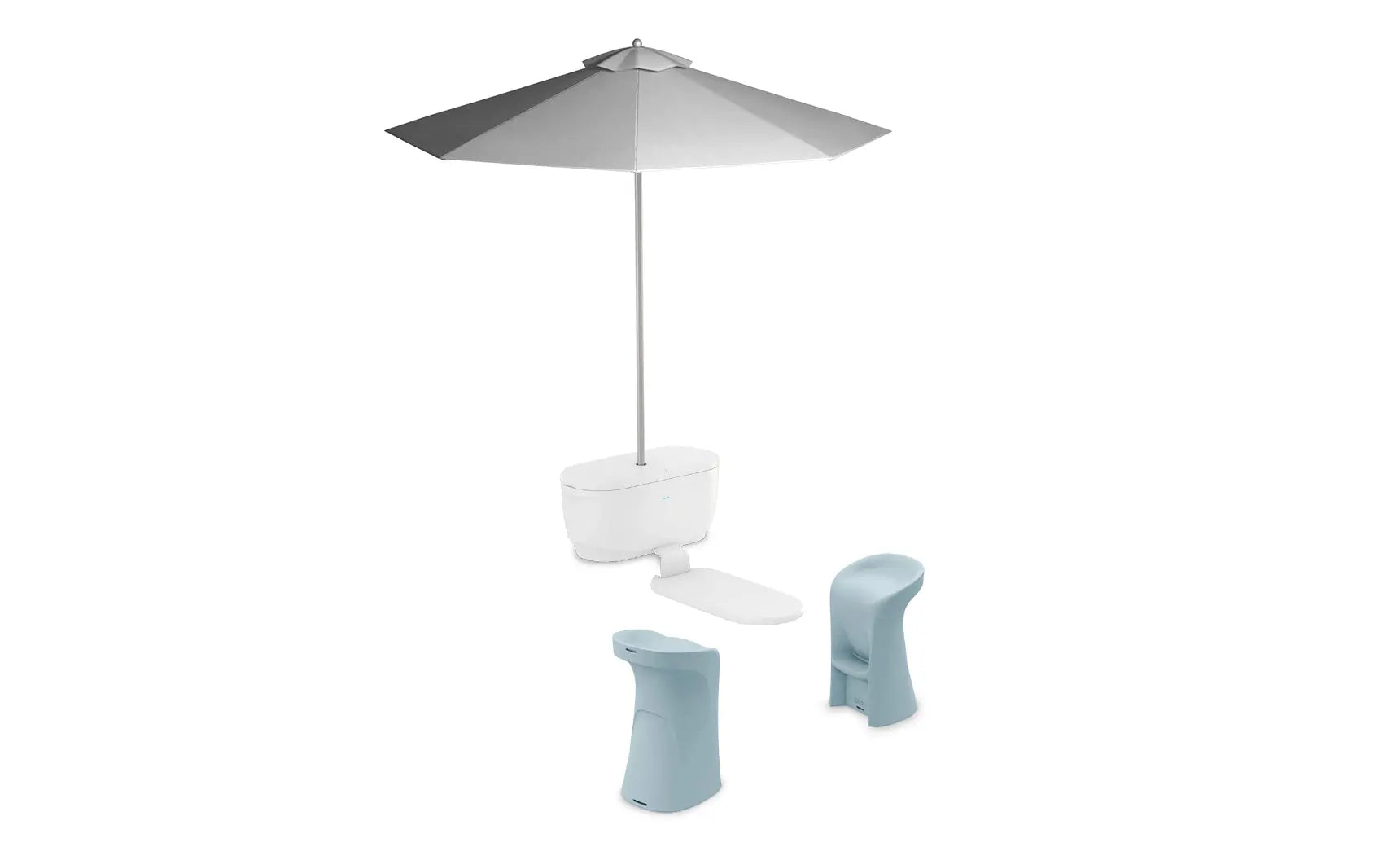 PartyPad swim-up bar with blue and white umbrella, red cooler, and drinks on ice.